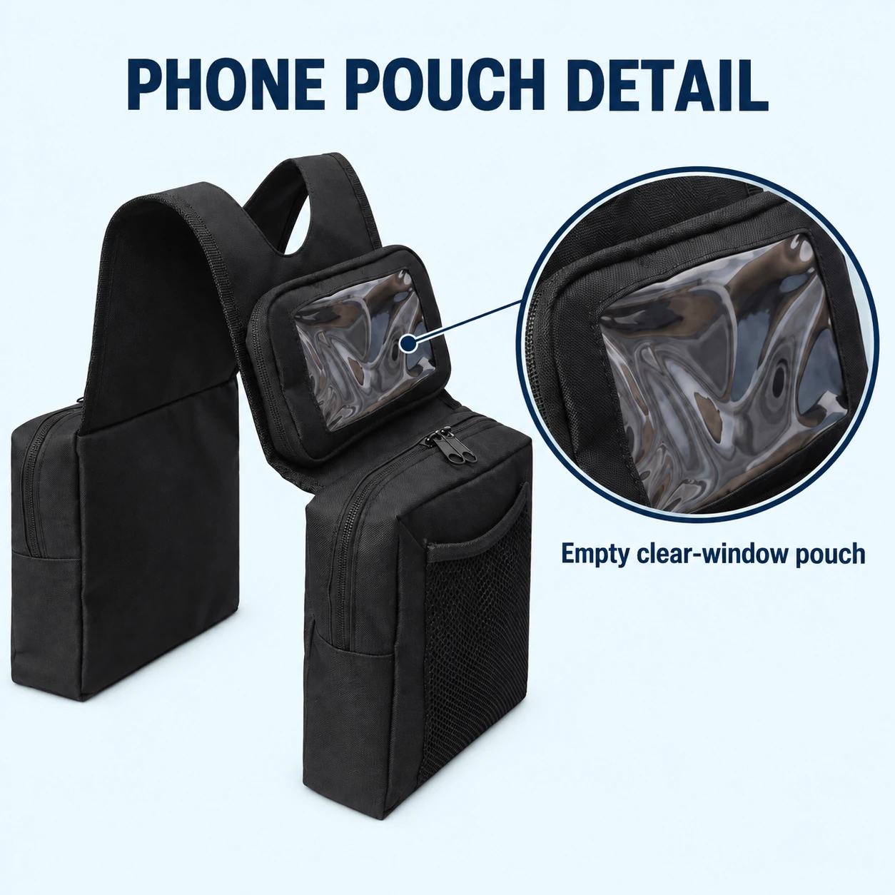 Exterior clear-window phone pouch detail