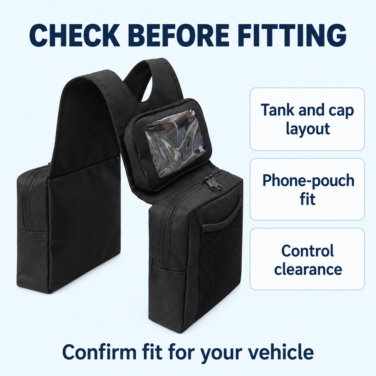 Tank layout, pouch fit and control clearance checks