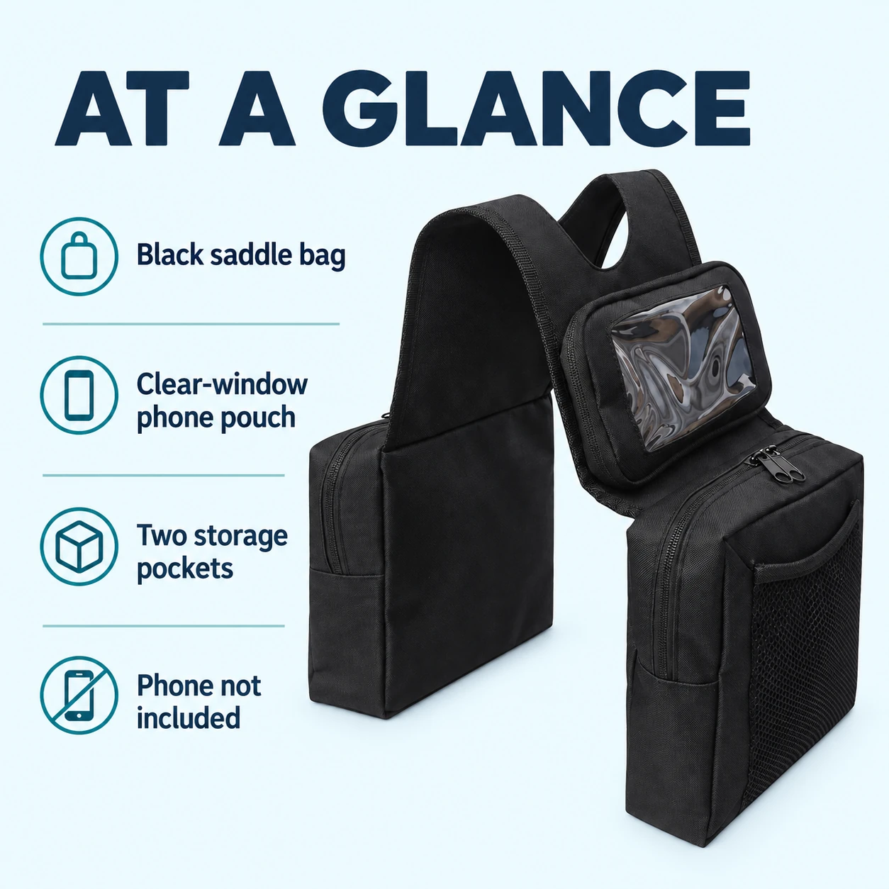 Black saddle bag with phone pouch and twin storage pockets