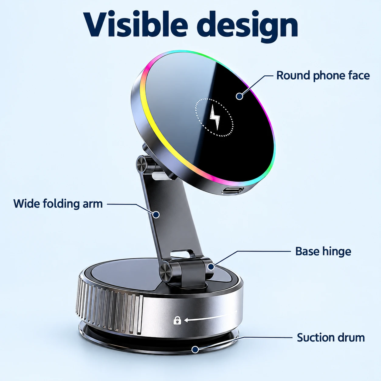 Black Wide-Arm Suction Car Phone Charger — visible exterior features