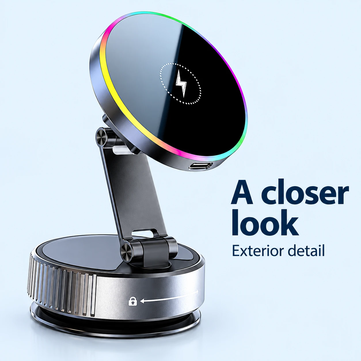 Black Wide-Arm Suction Car Phone Charger — exterior details