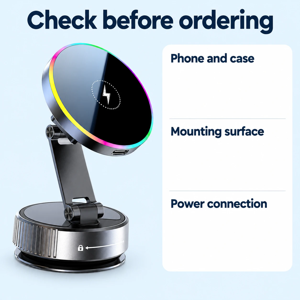 Black Wide-Arm Suction Car Phone Charger — device and setup checks
