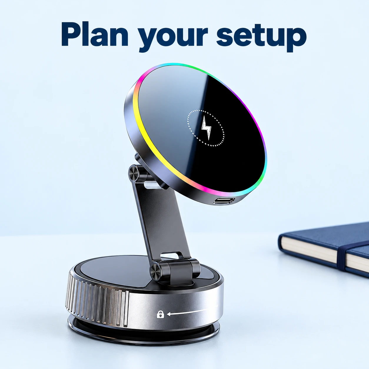 Black Wide-Arm Suction Car Phone Charger — setup preparation