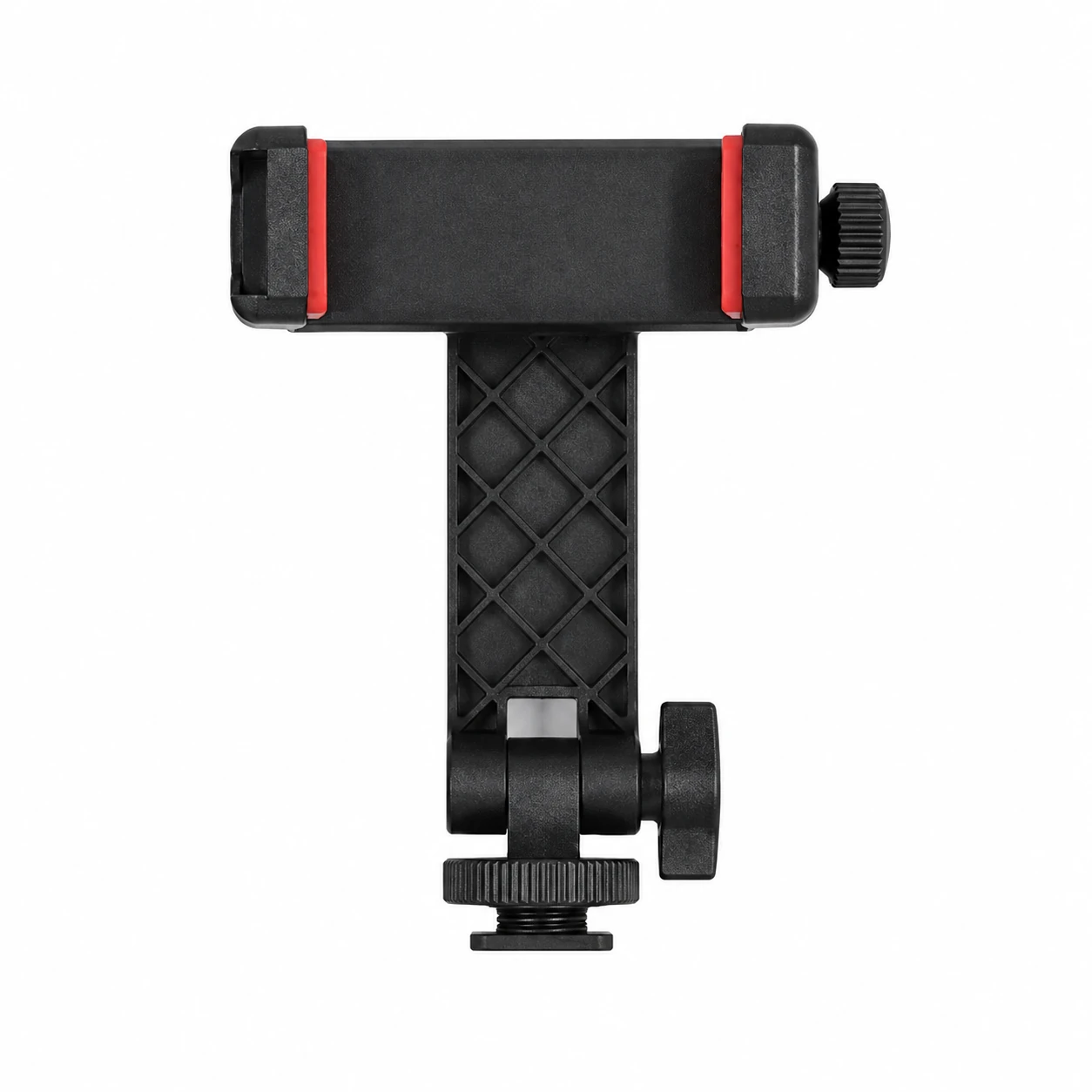 Cold shoe phone mount with dual cold shoe clamp, on a white background