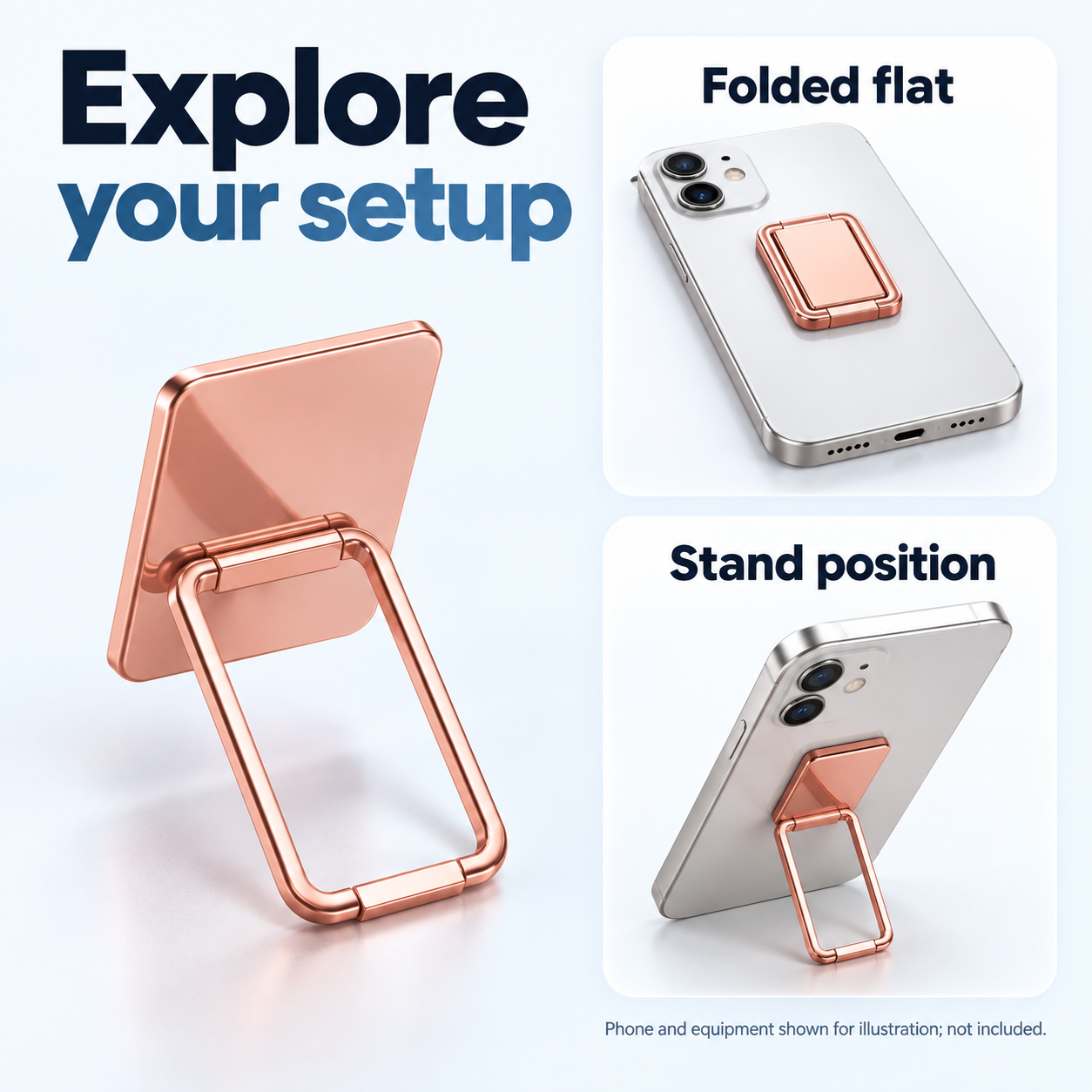 Folding Phone Ring Kickstand — configuration and mounting views