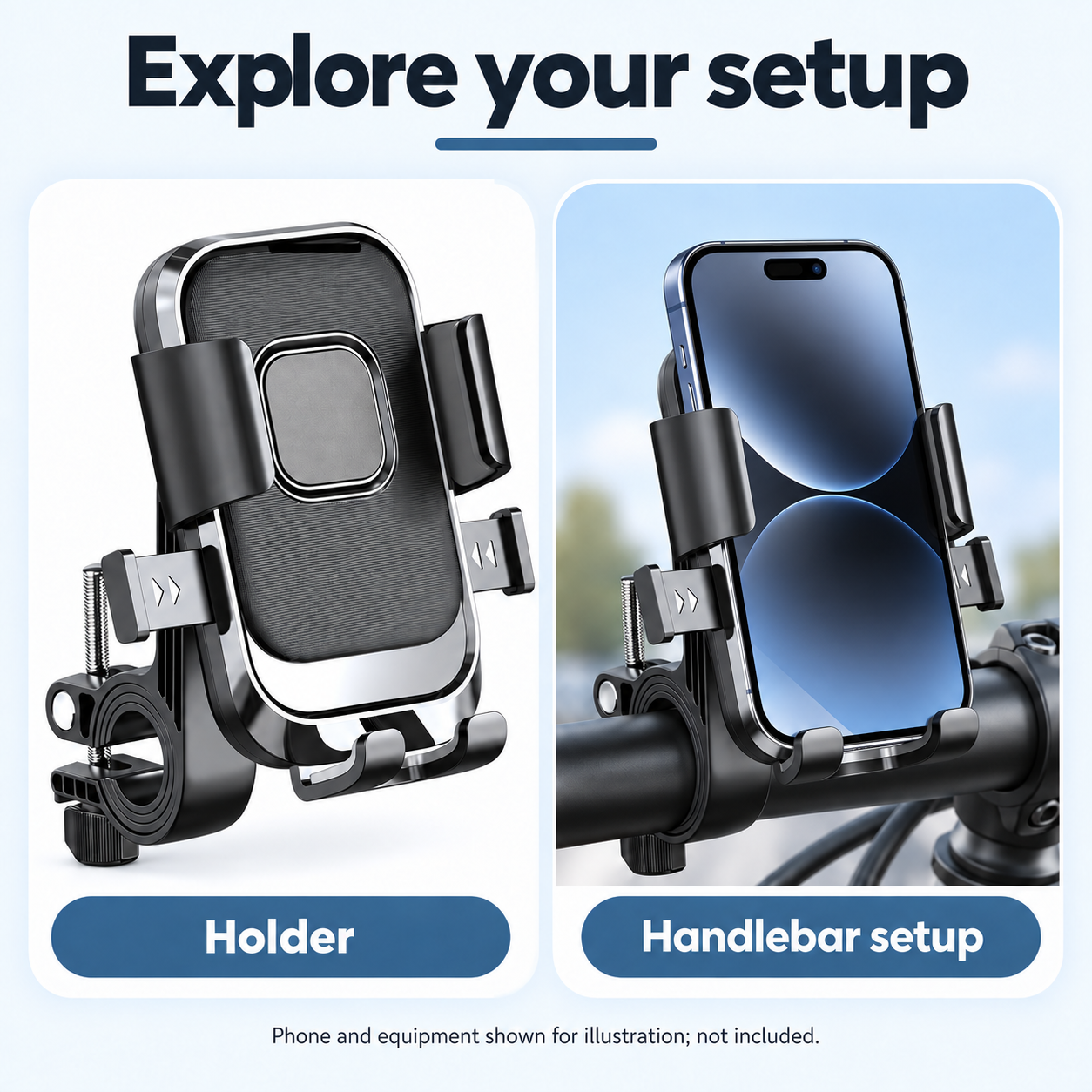 Handlebar Bike Phone Holder — configuration and mounting views