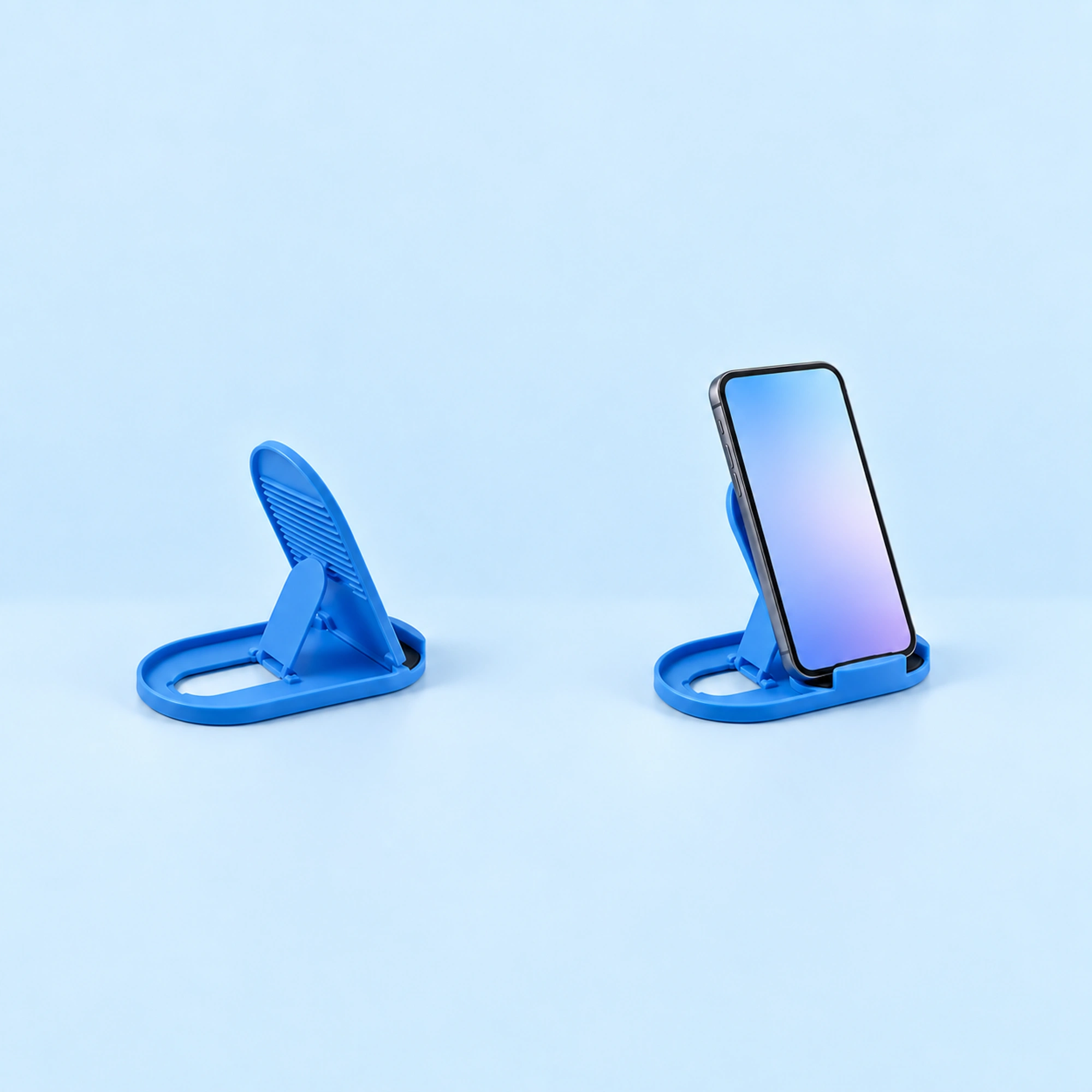 Blue Oval-Base Folding Phone Stand shown in use on a light blue background; demonstration device not included
