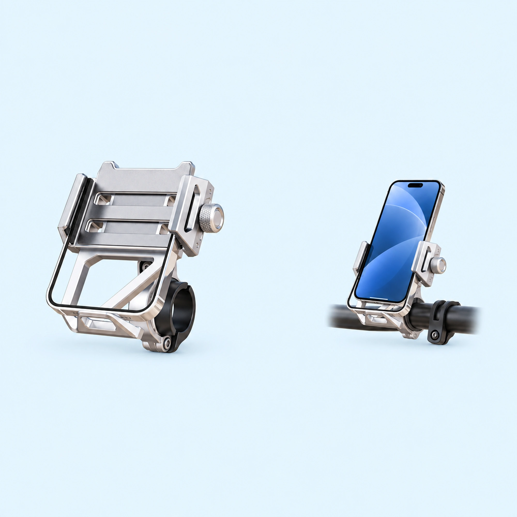 Silver Open-Rail Screw-Lock Phone Holder shown in use on a light blue background; demonstration device not included