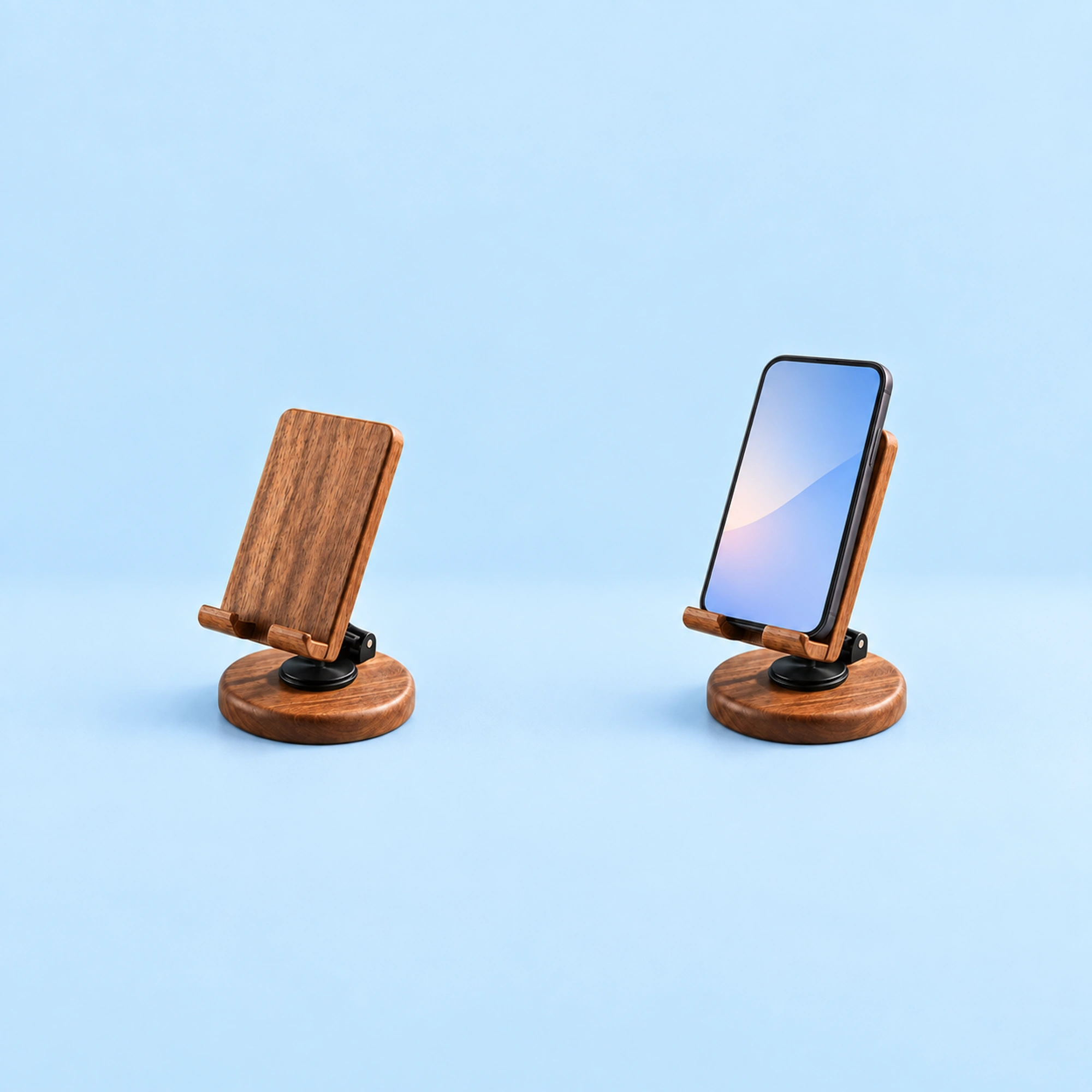 Round-Base Wooden Folding Phone Stand shown in use on a light blue background; demonstration device not included