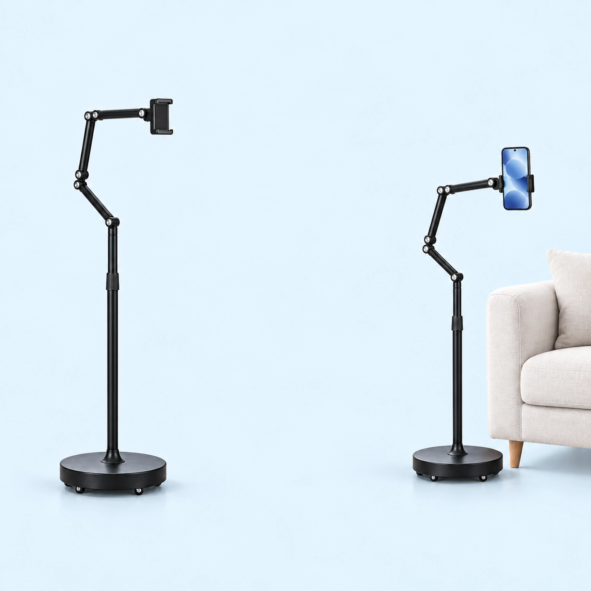Wheeled Three-Joint Floor Device Stand shown in use on a light blue background; demonstration device not included