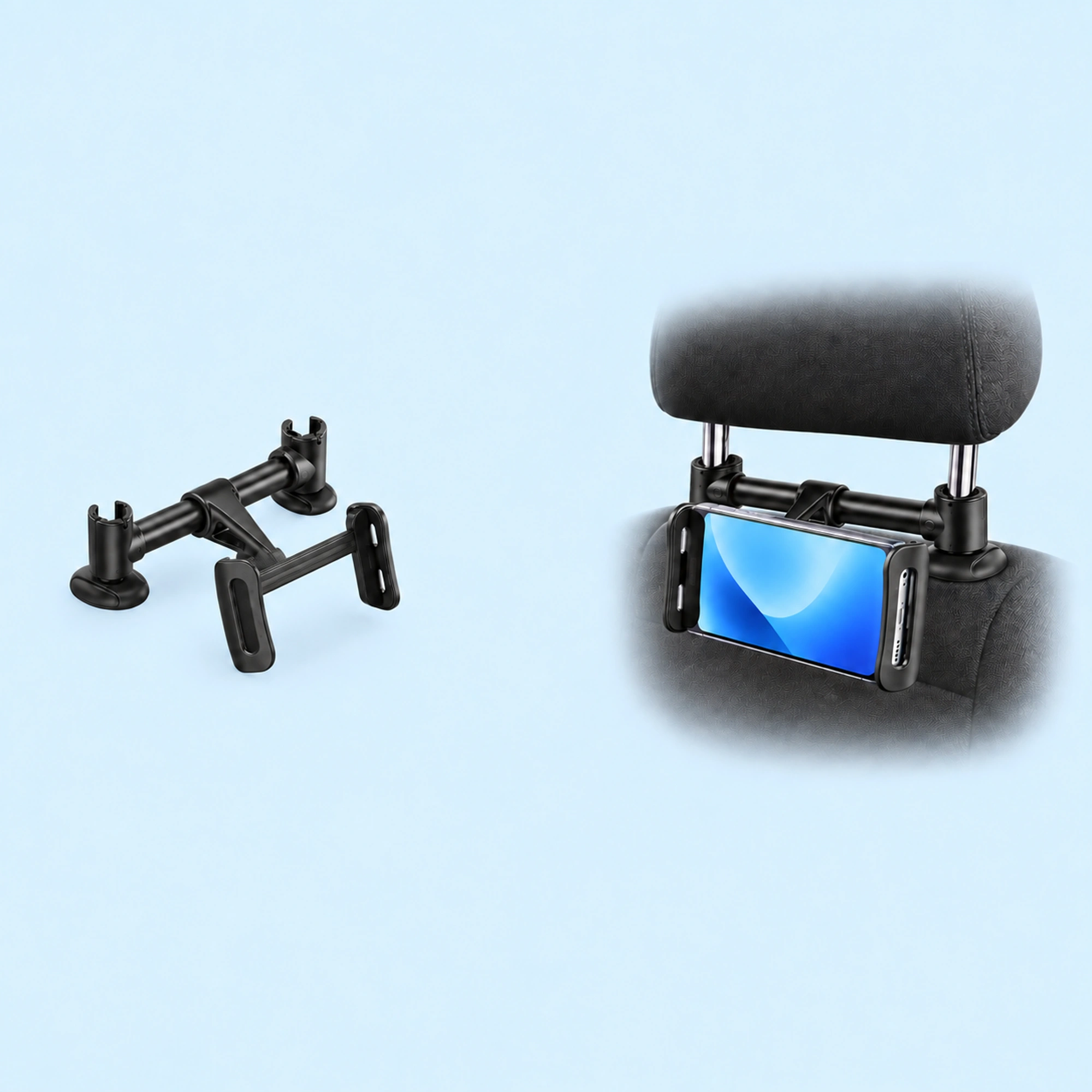 Compact Crossbar Headrest Phone Holder shown in use on a light blue background; demonstration device not included
