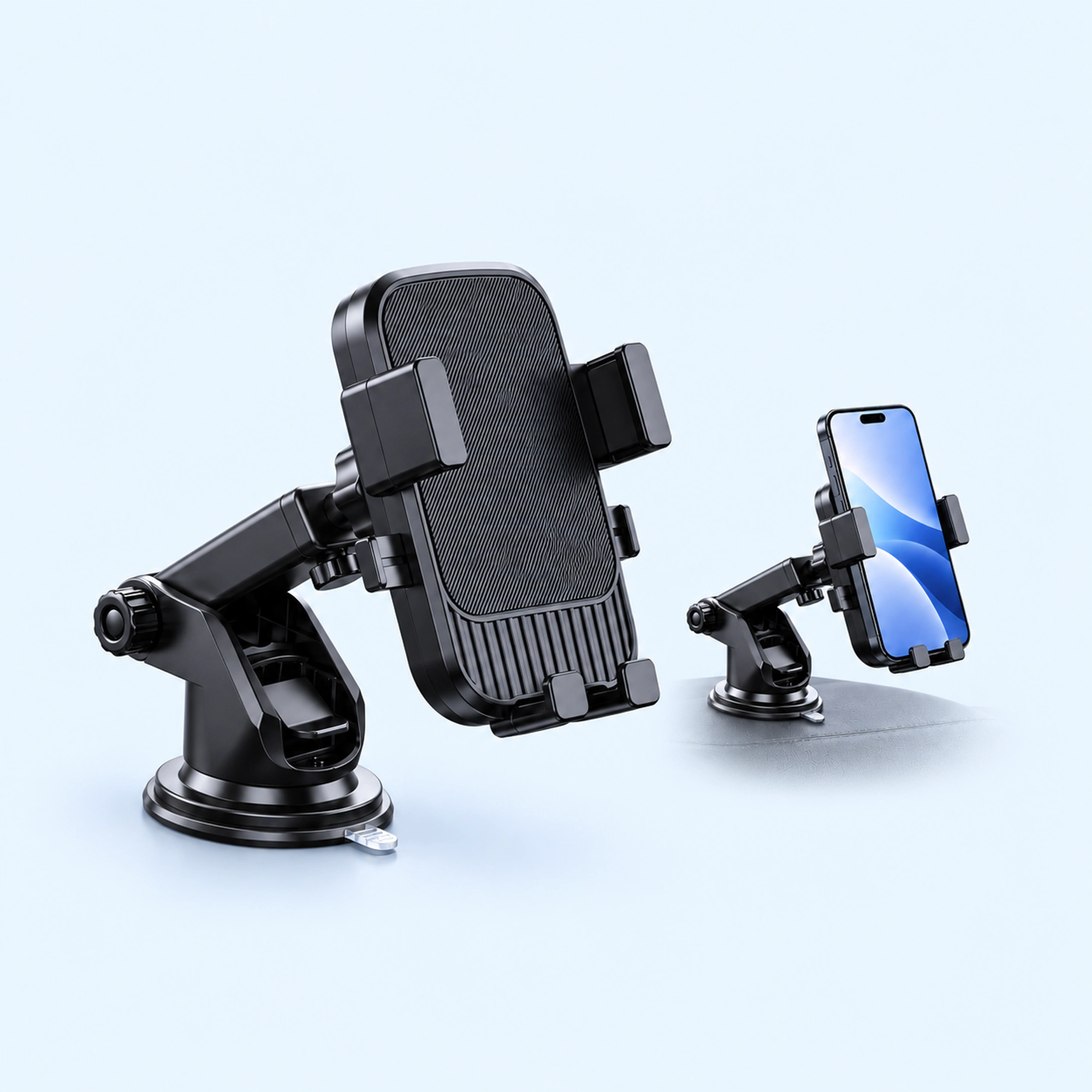 Flat-Panel Suction Arm Car Phone Holder — complete product and example of use on a pale blue background