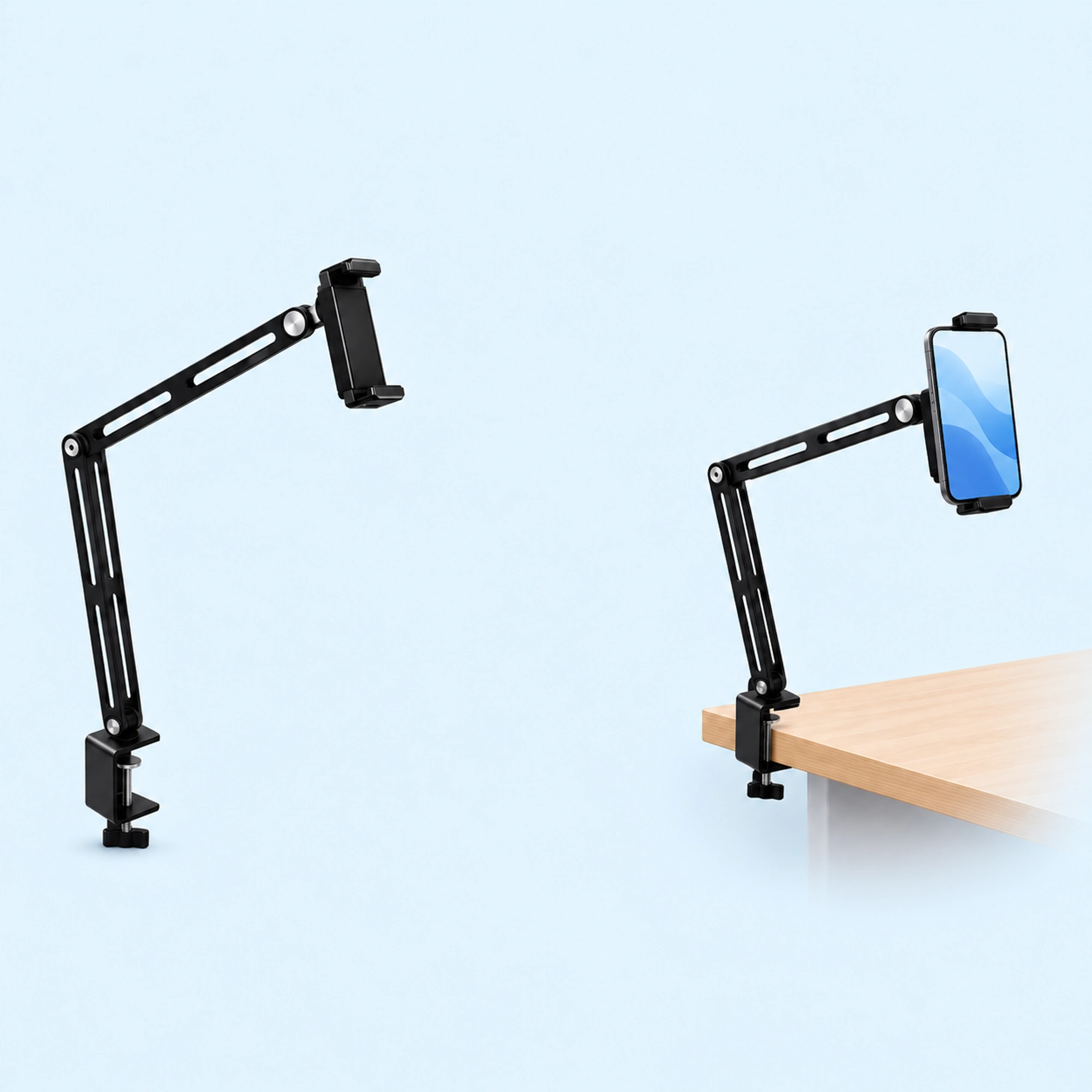 Slotted Long-Arm Clamp Phone Stand shown in use on a light blue background; demonstration device not included