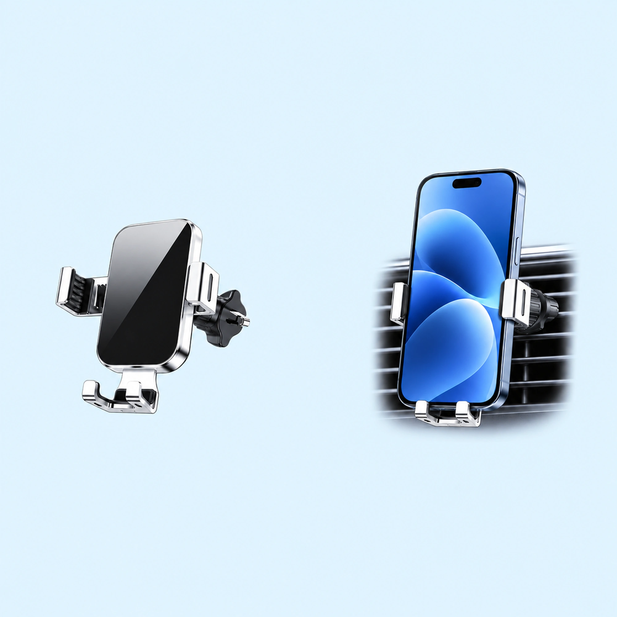 Wide Mirror-Panel Vent Phone Holder shown in use on a light blue background; demonstration device not included