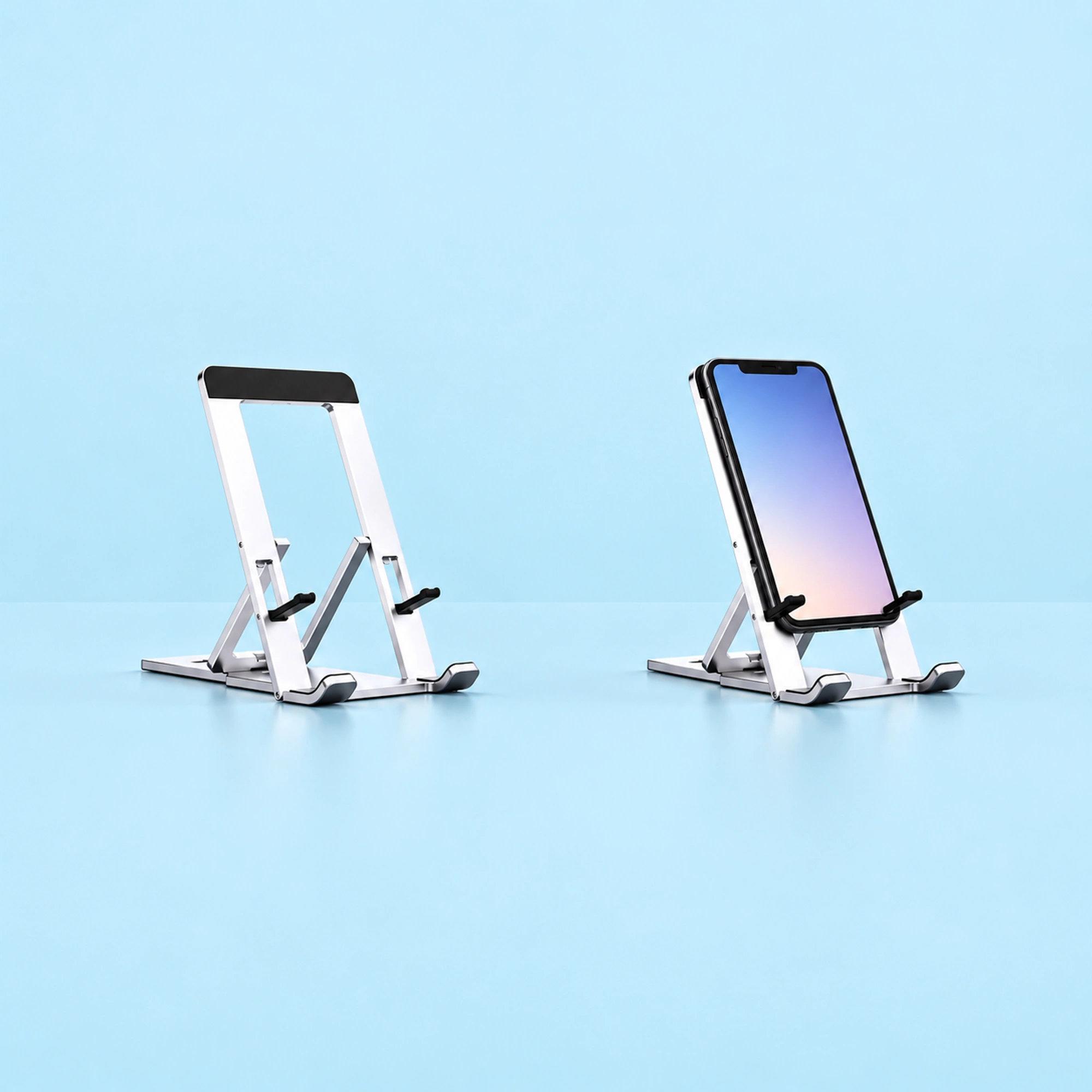 Silver Open-Frame Multi-Level Device Stand shown in use on a light blue background; demonstration device not included