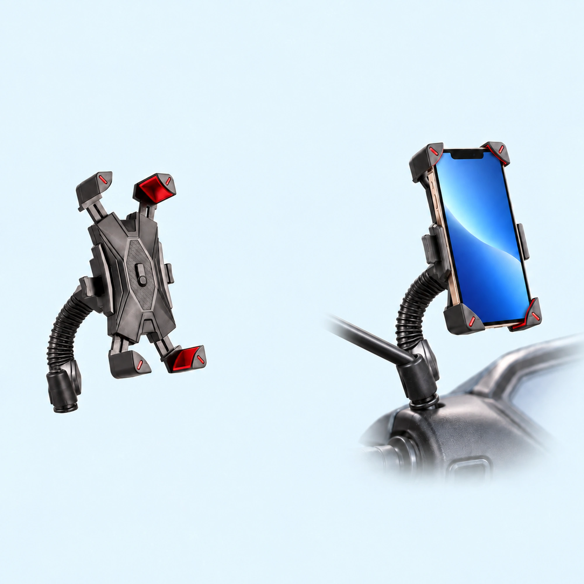 Angular Red-Corner Mirror Phone Cradle shown in use on a light blue background; demonstration device not included
