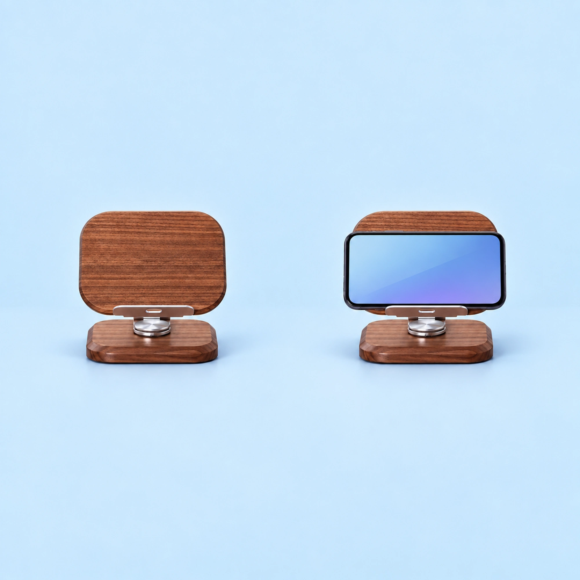 Wide Walnut-Tone Swivel Device Stand shown in use on a light blue background; demonstration device not included