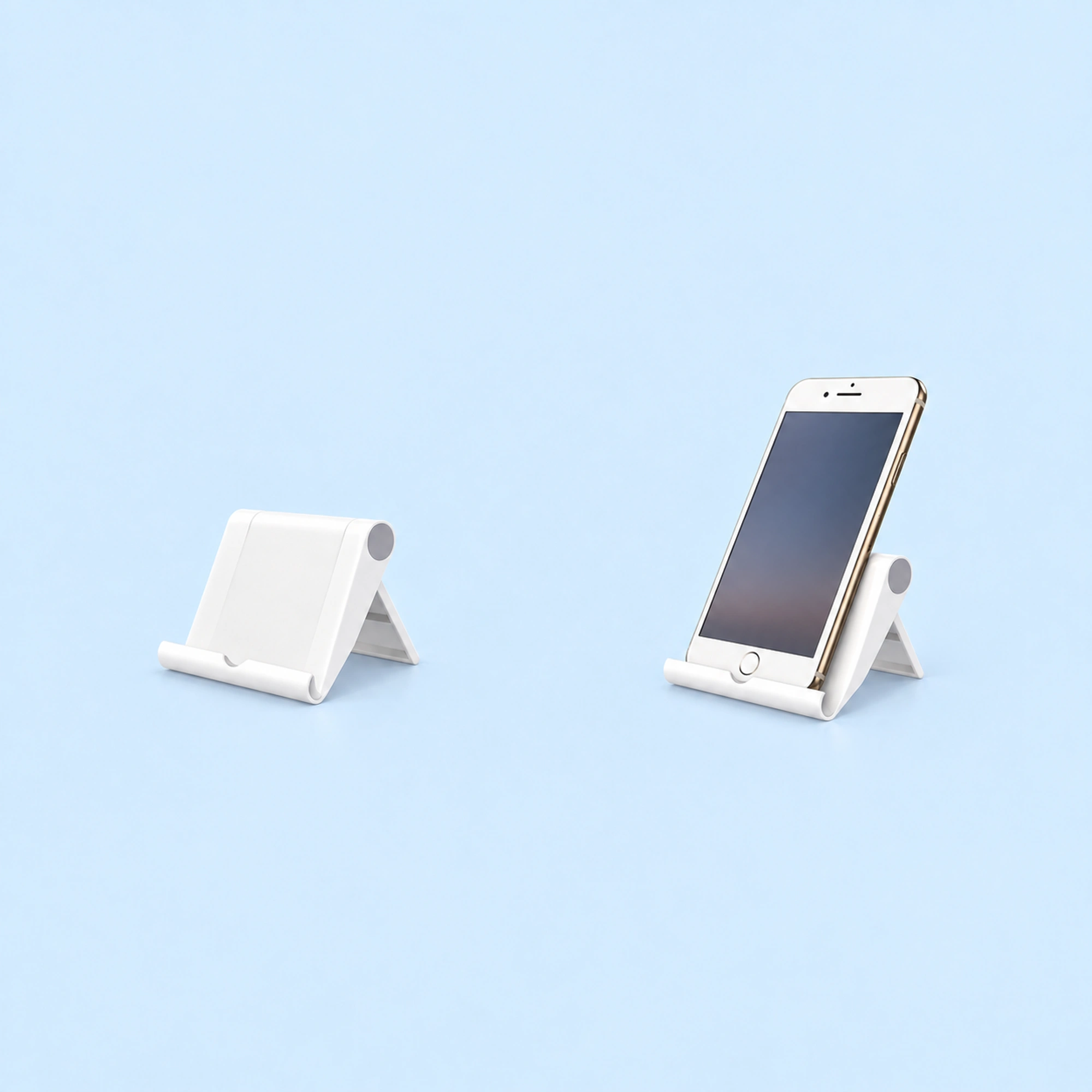 White Triangle Folding Phone Stand shown in use on a light blue background; demonstration device not included