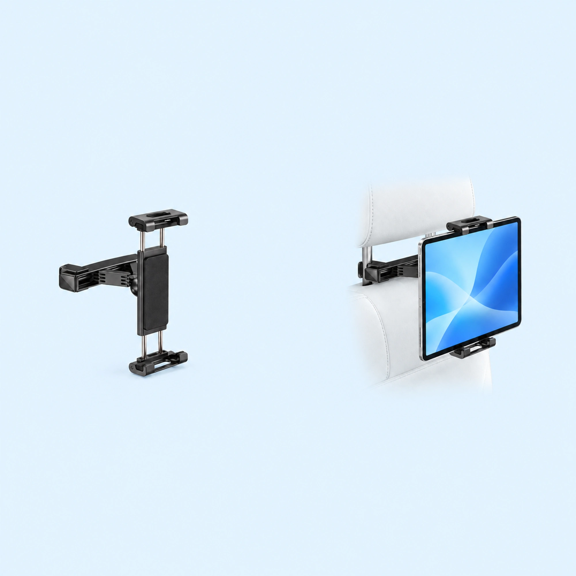 Twin-Rail Vertical Headrest Tablet Holder shown in use on a light blue background; demonstration device not included