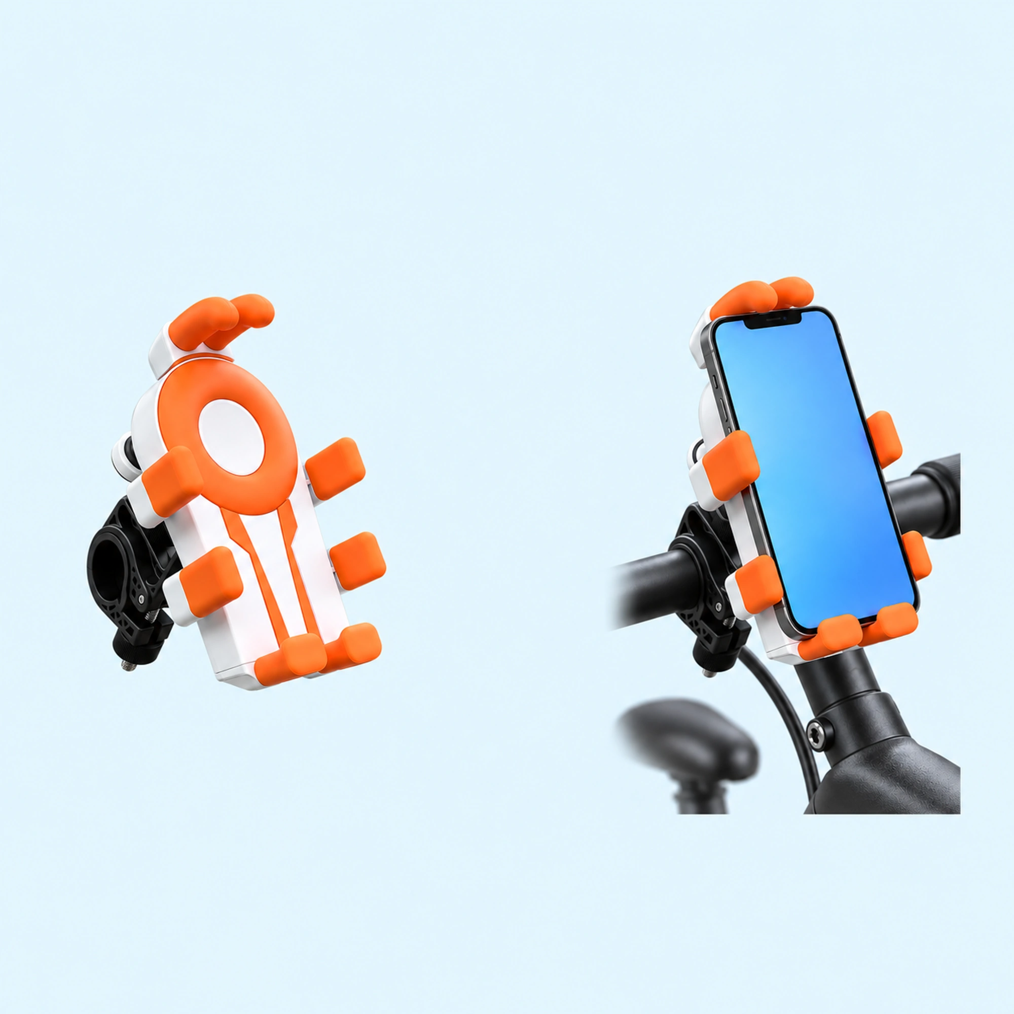 Orange-Pad Eight-Point Handlebar Holder shown in use on a light blue background; demonstration device not included