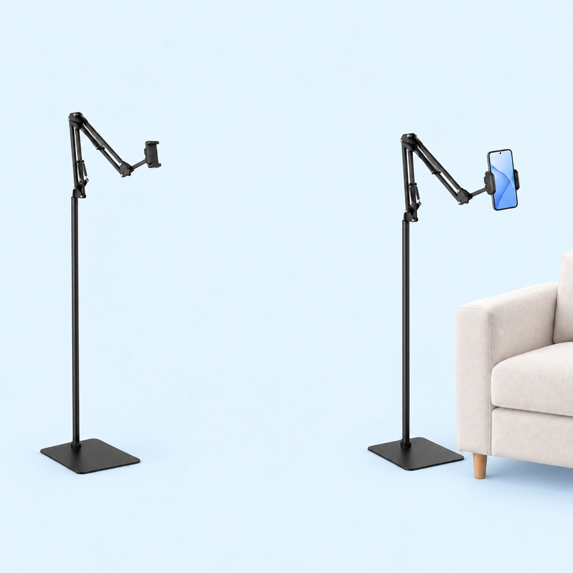Spring-Arm Square-Base Floor Stand shown in use on a light blue background; demonstration device not included