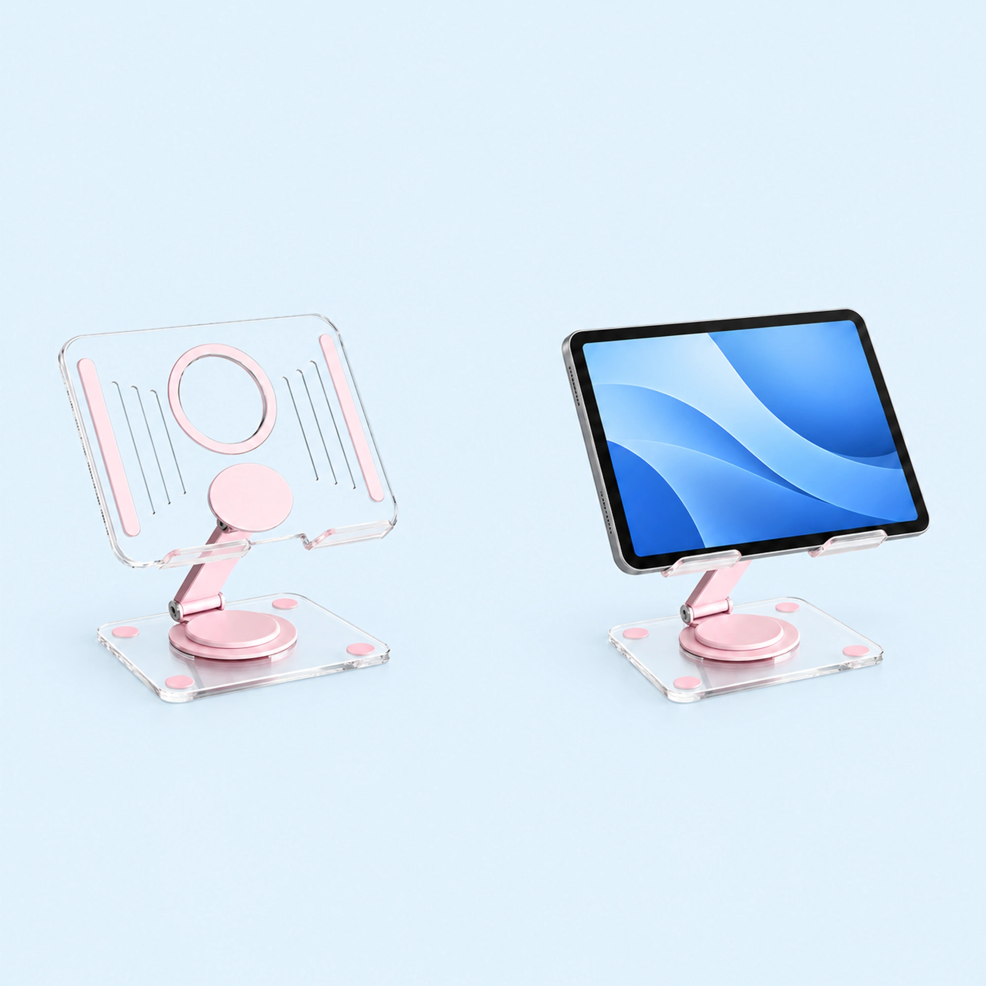 Clear Pink Pivot Phone and Tablet Stand shown in use on a light blue background; demonstration device not included