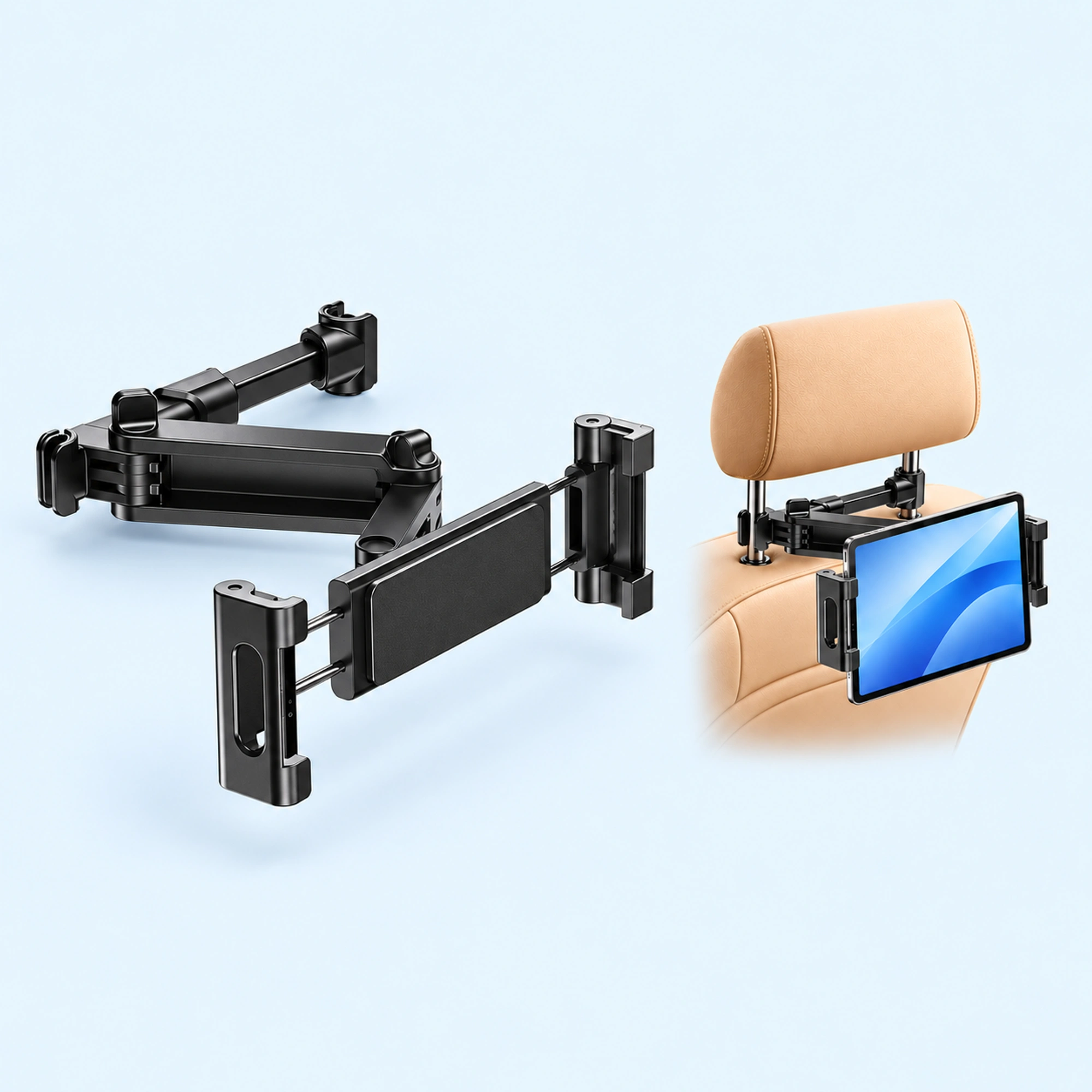 Twin-Post Headrest Phone and Tablet Holder — complete product and example of use on a pale blue background