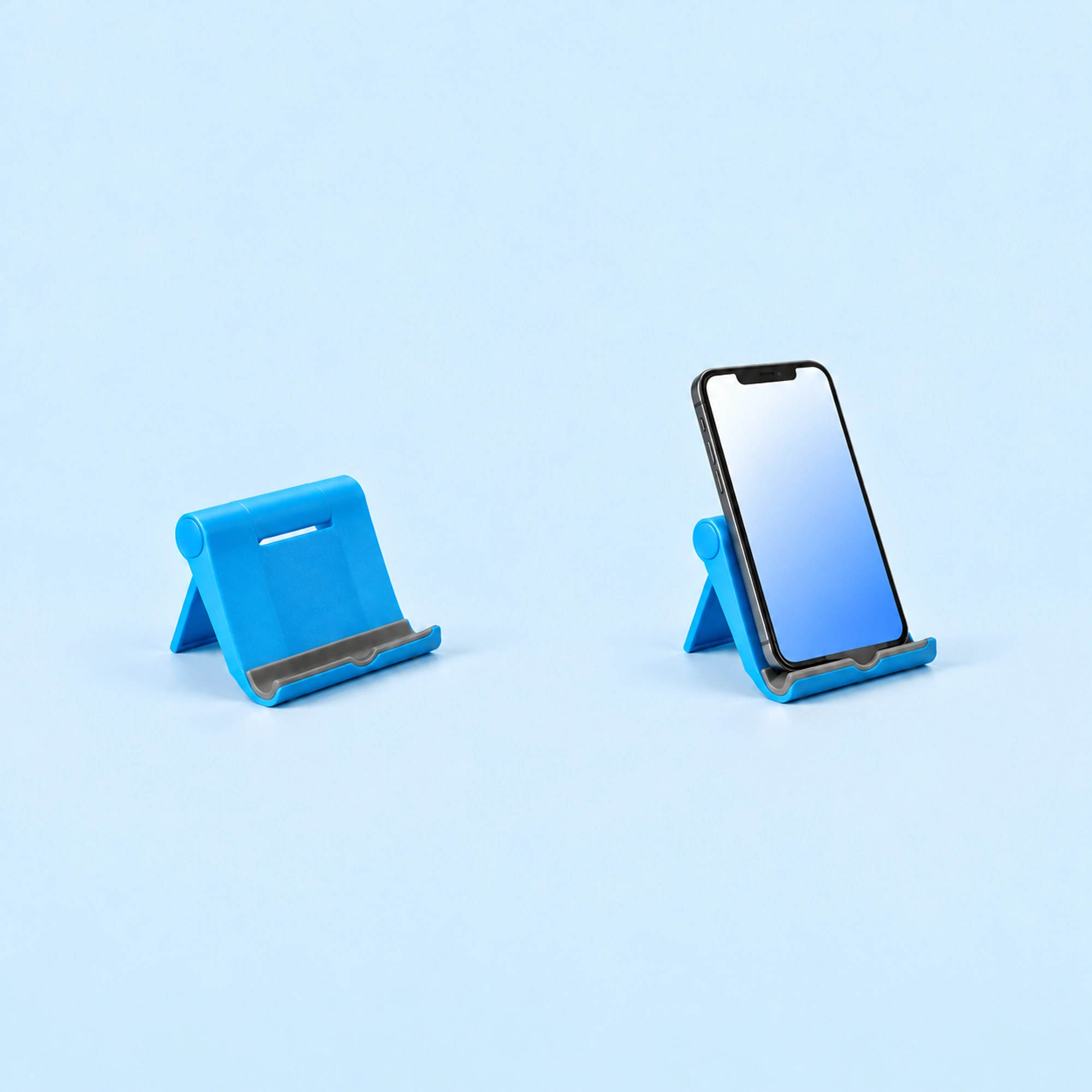 Blue Wide-Lip Folding Phone Stand shown in use on a light blue background; demonstration device not included