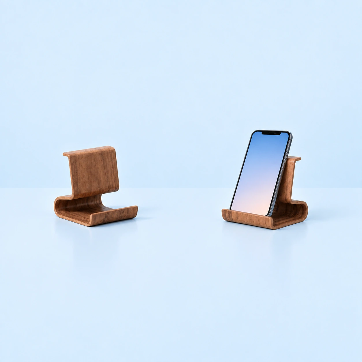 S-Curve Wooden Phone Stand; product at left and use demonstration at right on pale blue, reference-based composite
