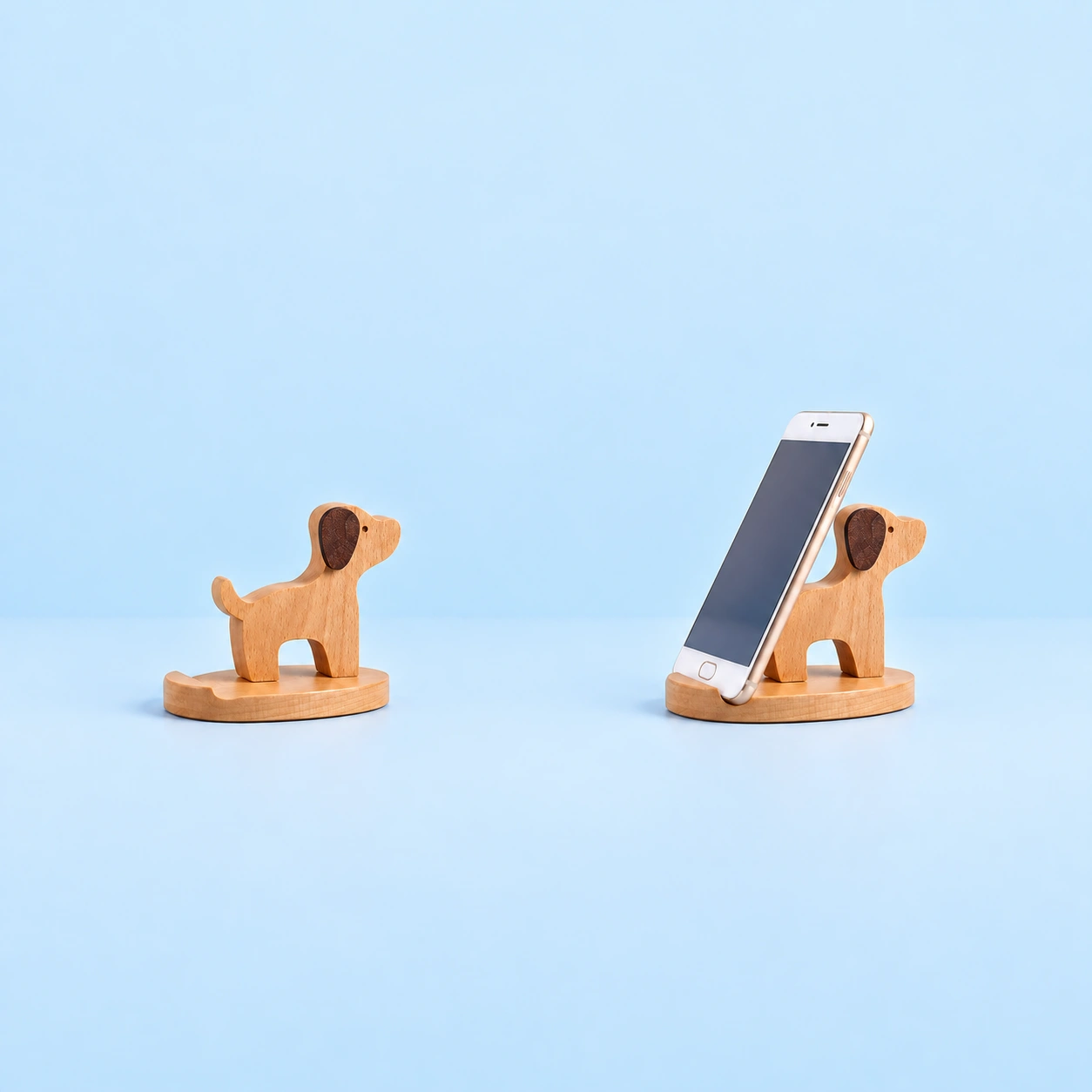 Wooden Dog Oval-Base Phone Stand; product at left and use demonstration at right on pale blue, reference-based composite