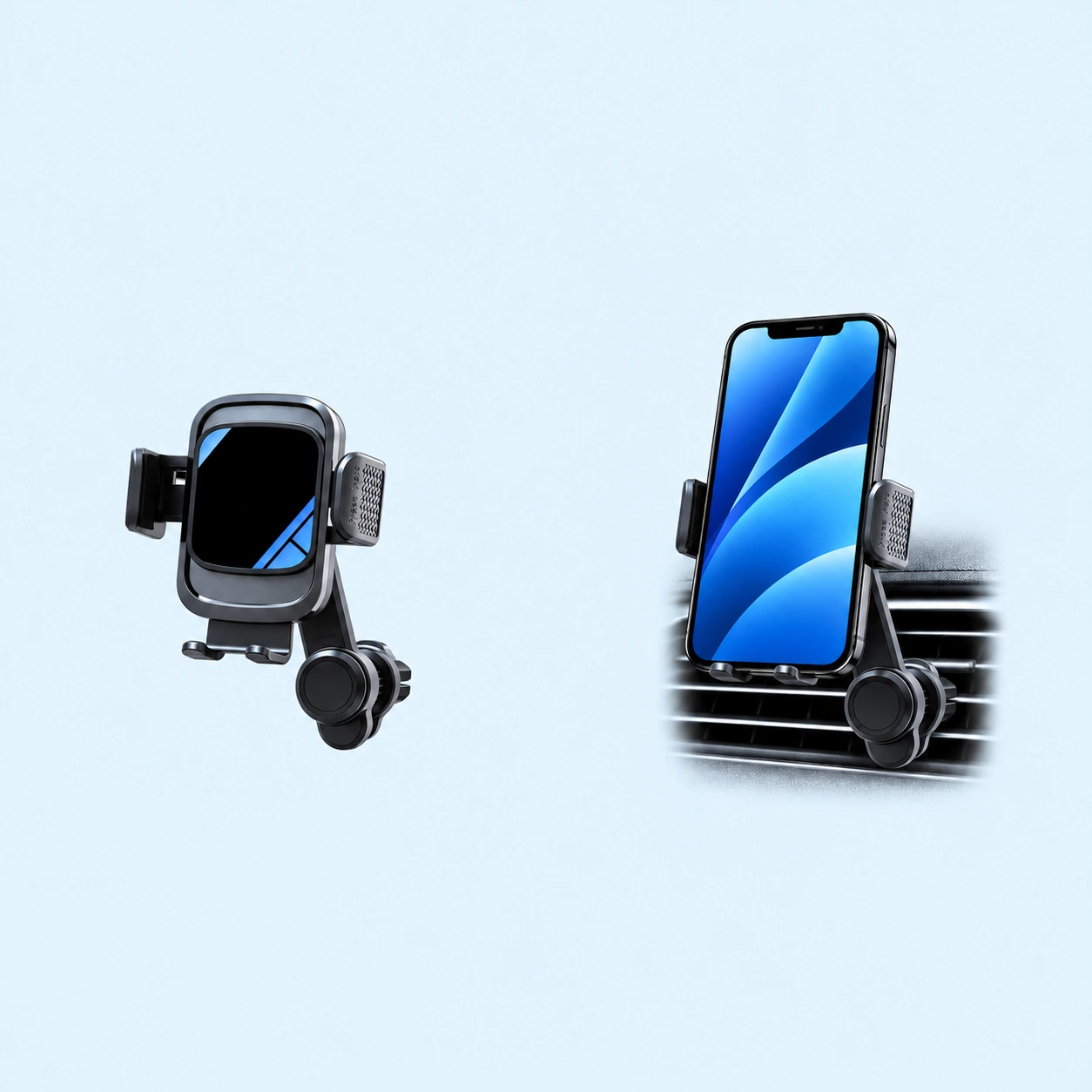 Offset-Arm Compact Vent Phone Cradle; product at left and use demonstration at right on pale blue, reference-based composite