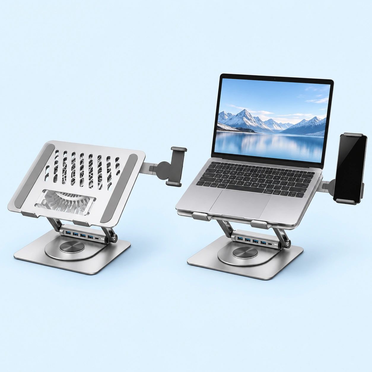 Silver Laptop Riser with Side Phone Holder; product at left and use demonstration at right on pale blue, reference-based composite