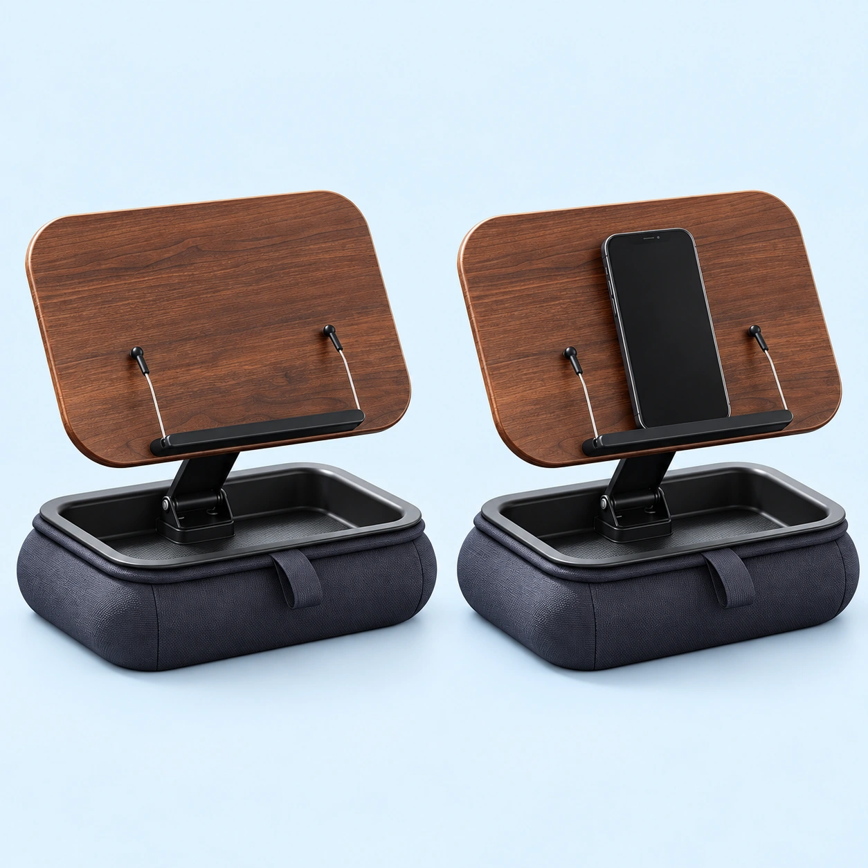 Cushion-Base Woodgrain Reading and Phone Stand; product at left and use demonstration at right on pale blue, reference-based composite