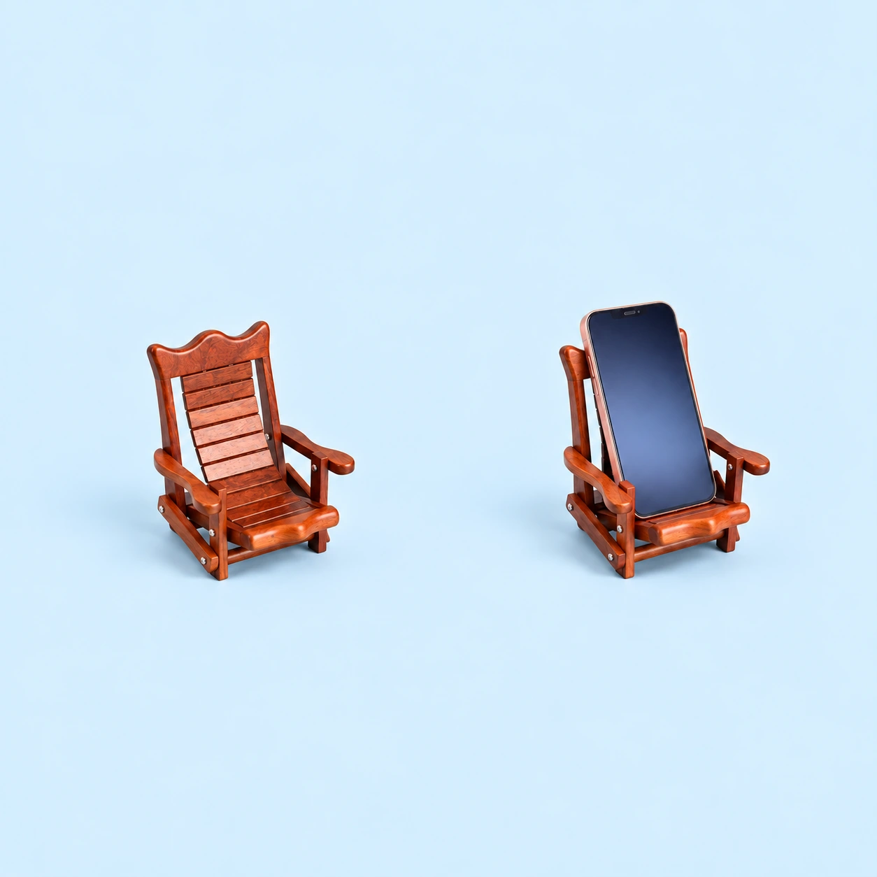 Mini Wooden Armchair Phone Stand; product at left and use demonstration at right on pale blue, reference-based composite