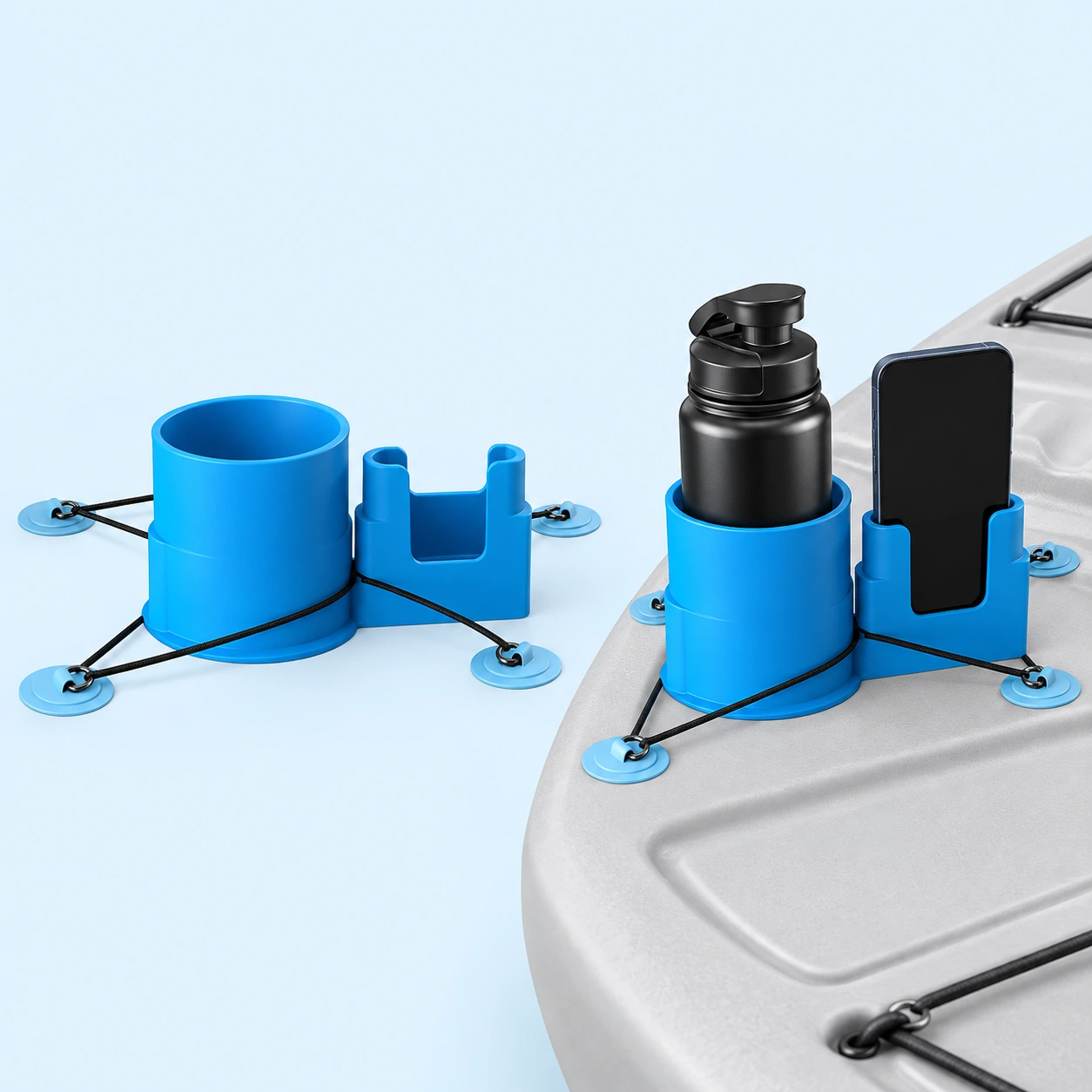 Blue Kayak Deck Cup and Phone Holder; product at left and use demonstration at right on pale blue, reference-based composite