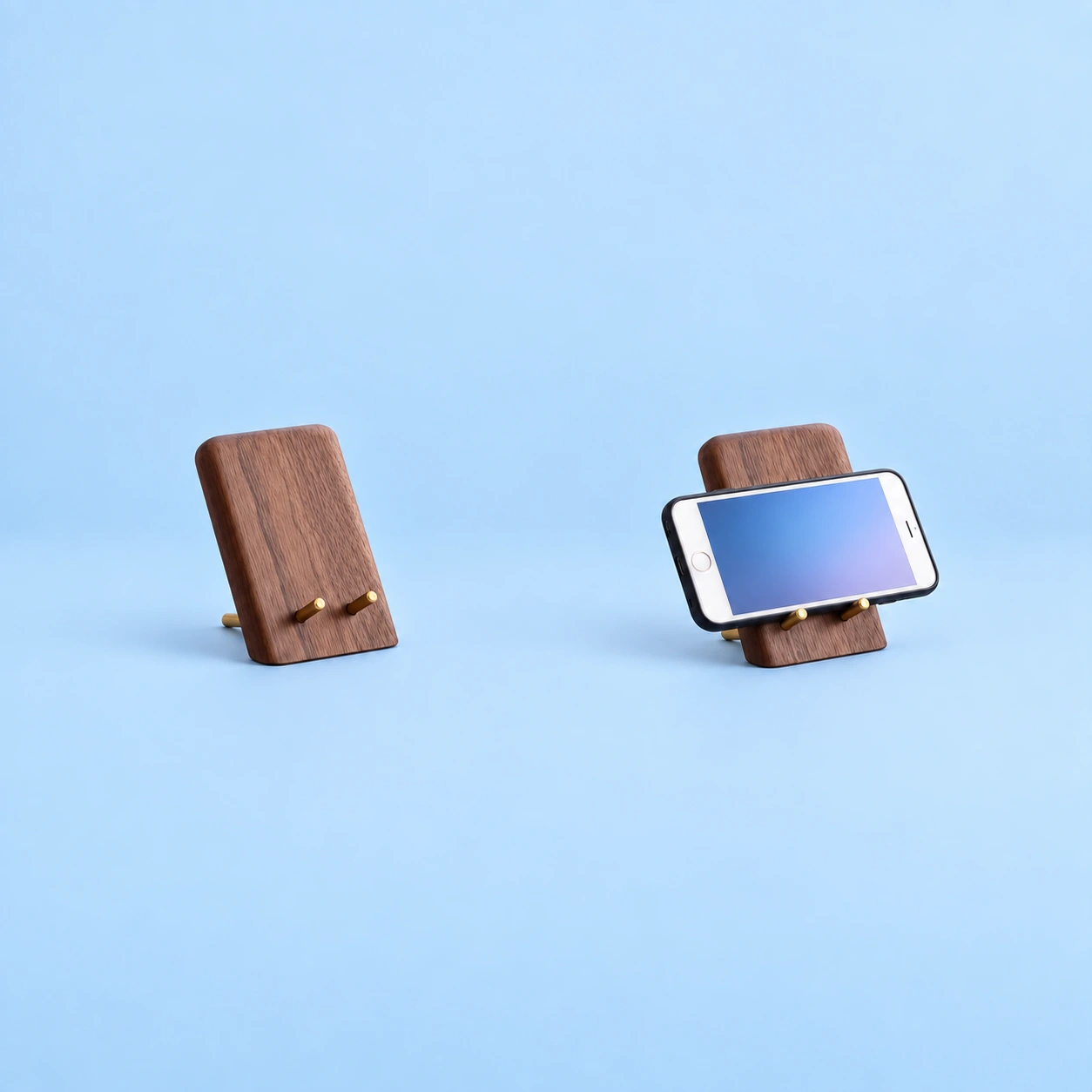 Walnut-Tone Phone Stand with Brass-Tone Pegs; product at left and use demonstration at right on pale blue, reference-based composite