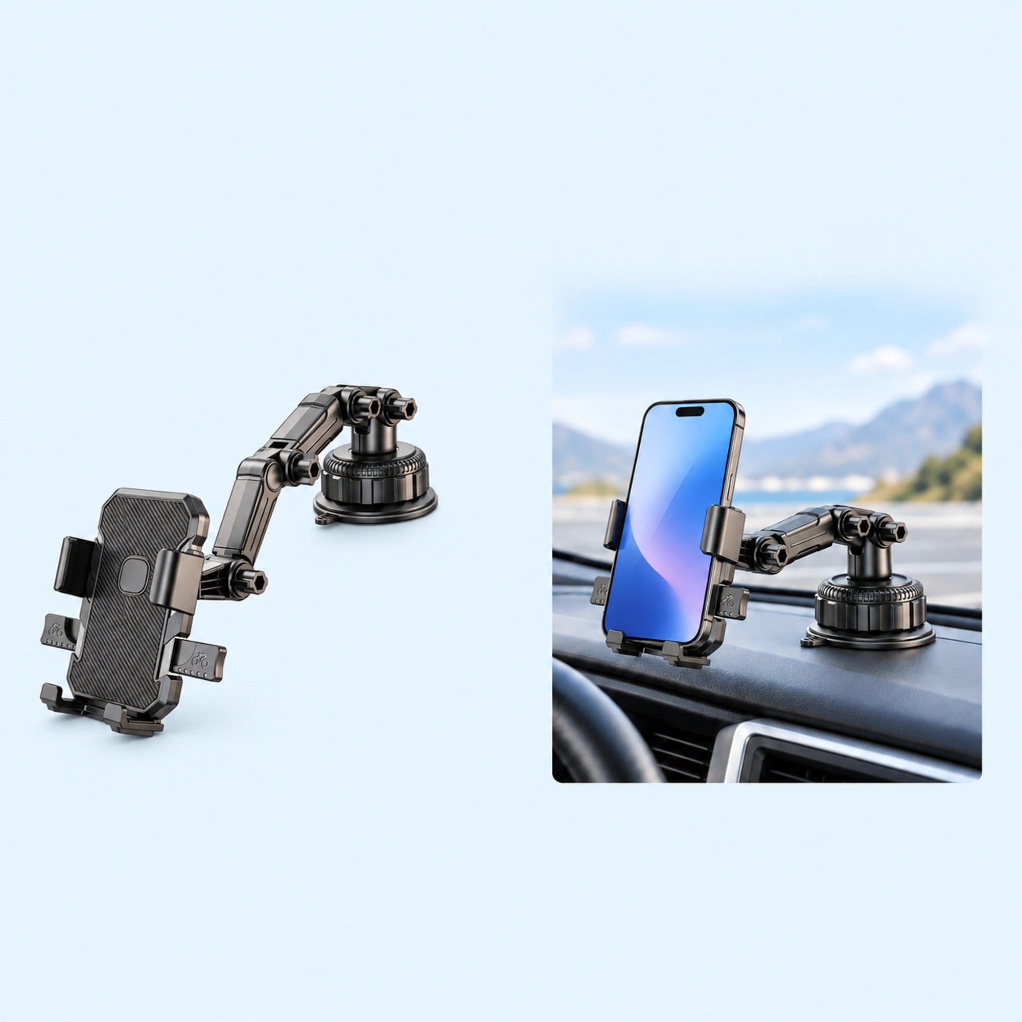 Articulated Suction Base Truck Phone Mount — complete product with example of use on pale blue background