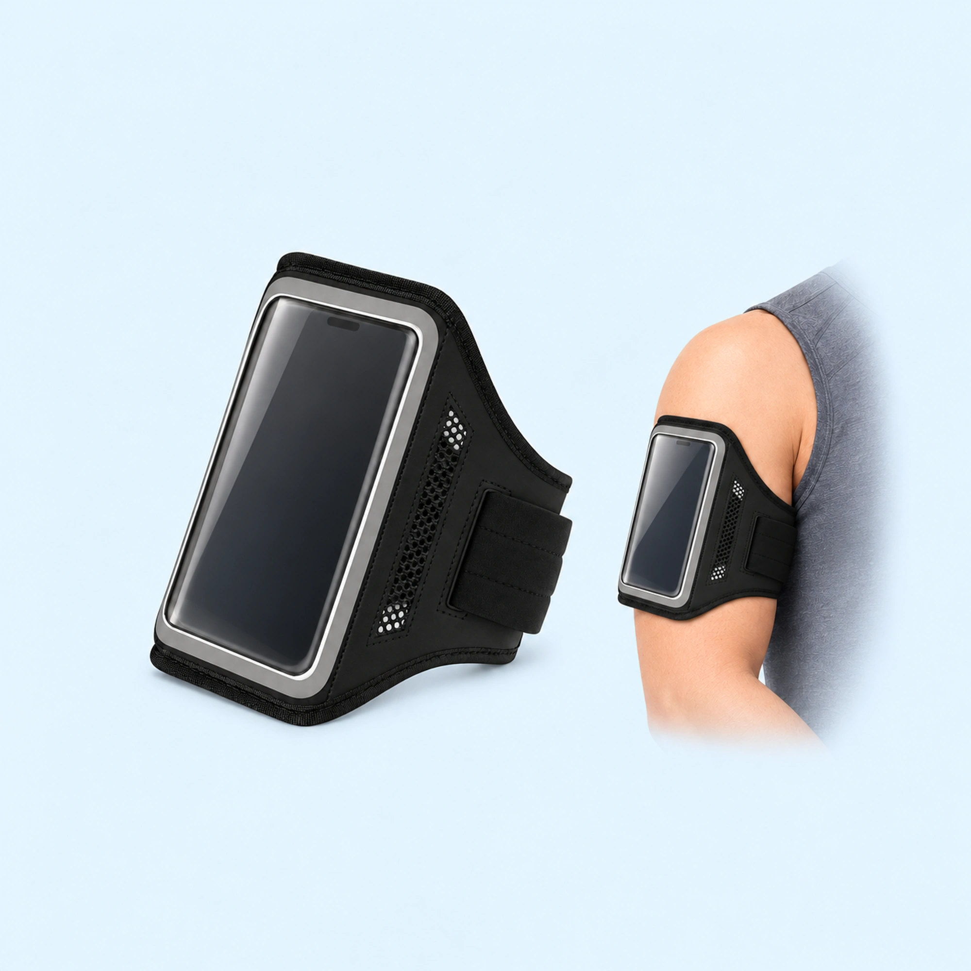 Running Phone Armband with Clear Window — complete product with example of use on pale blue background