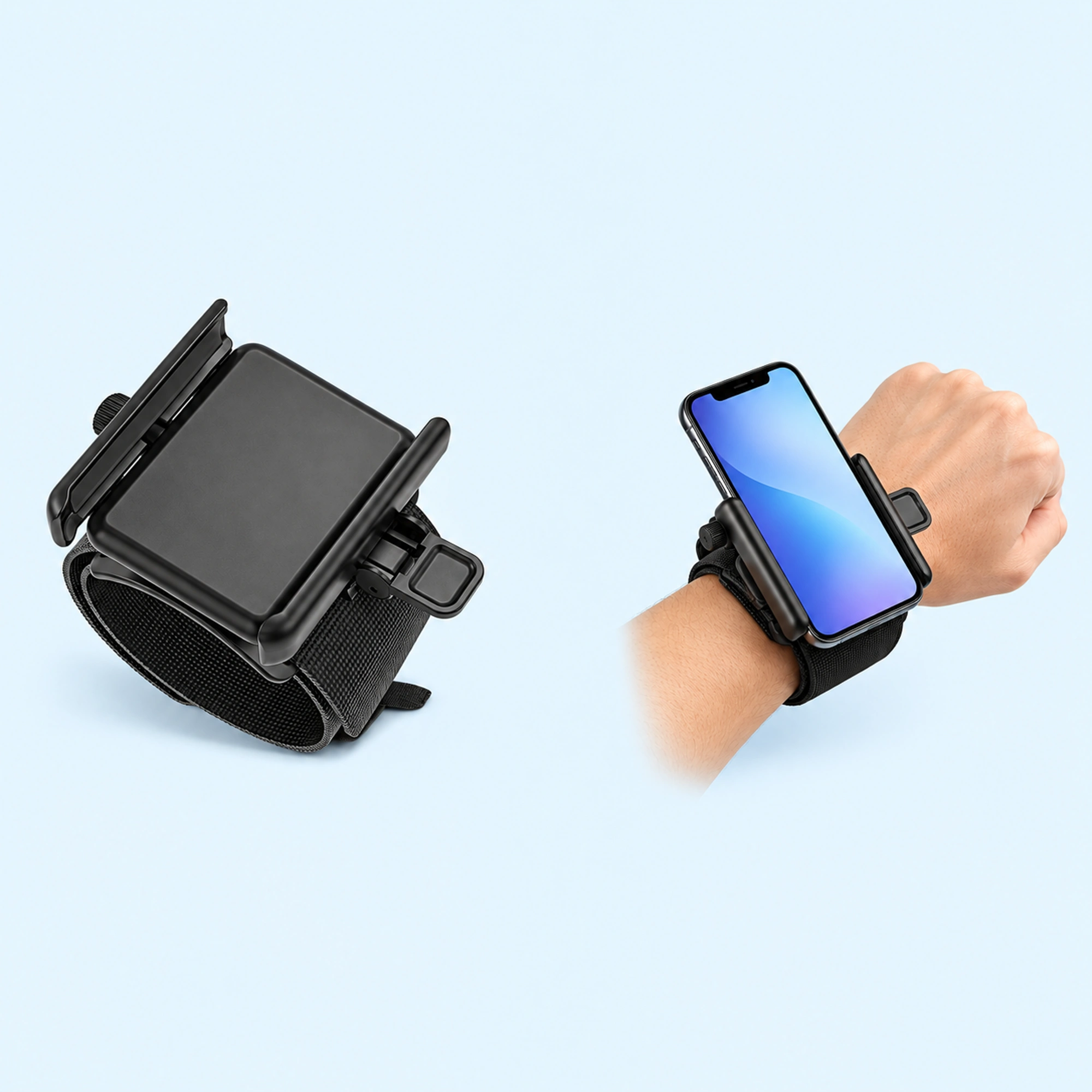 Black Wrist Phone Holder with Side Lock — complete product with example of use on pale blue background