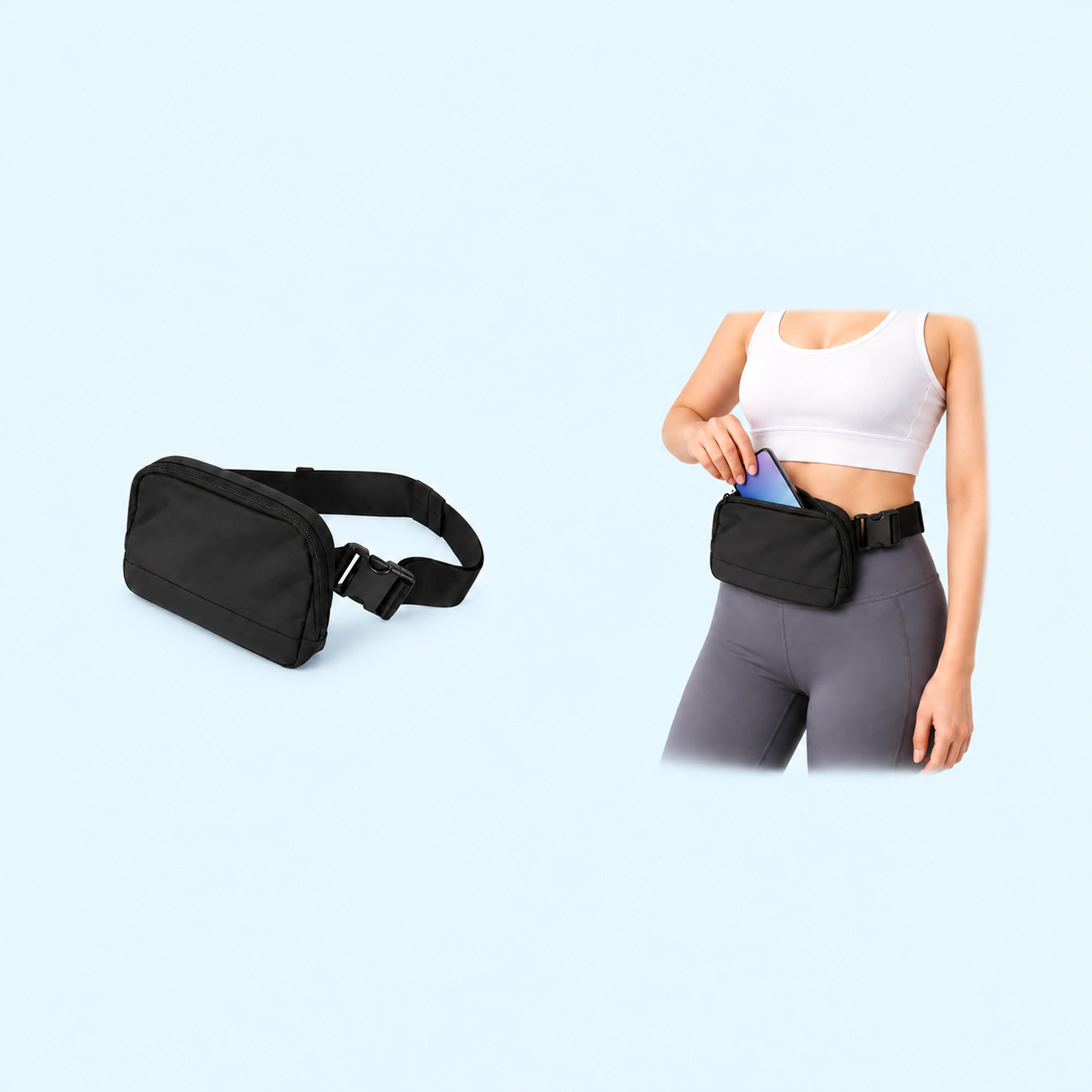 Zippered Running Belt Phone Holder — complete product with example of use on pale blue background