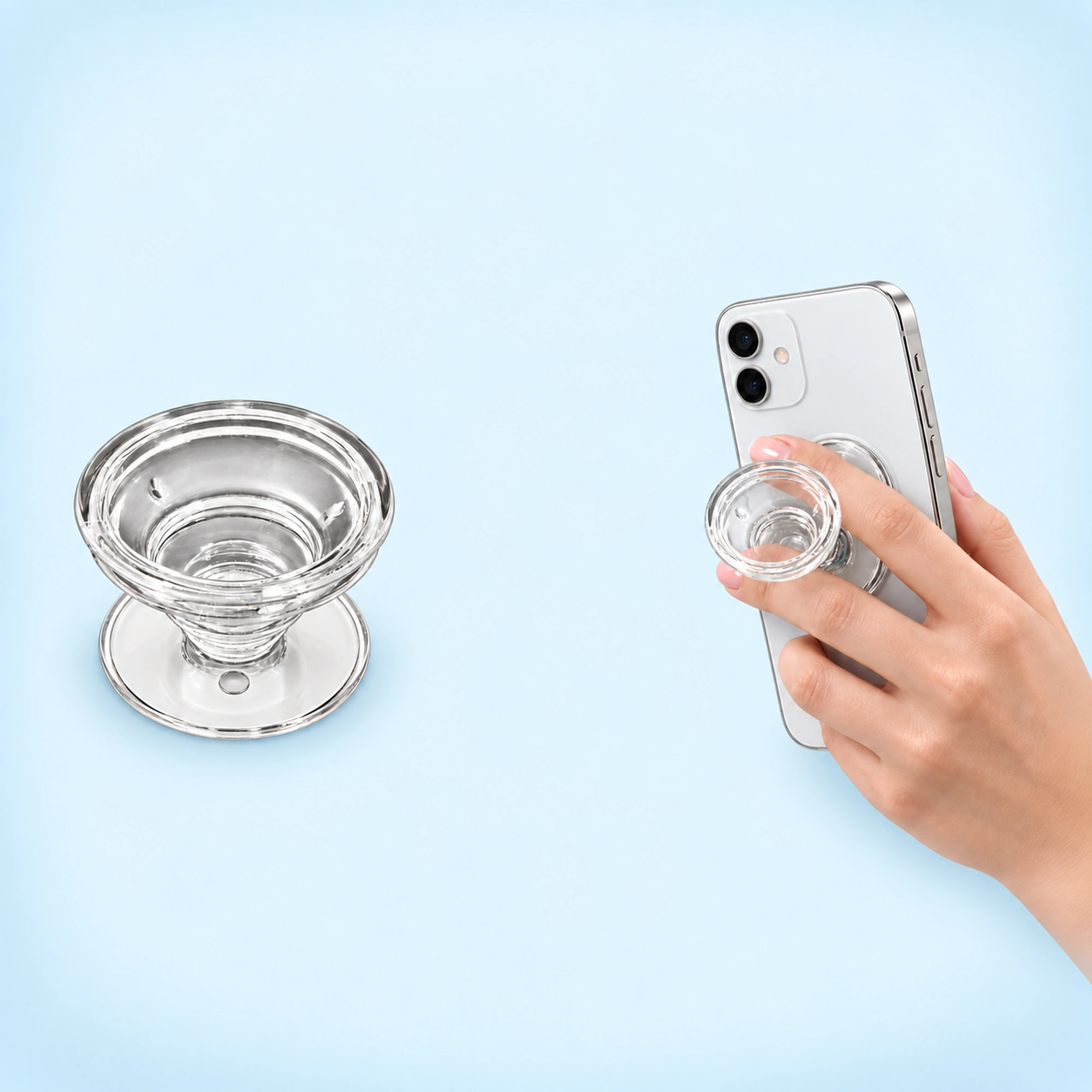 Clear Expandable Phone Grip — complete product with example of use on pale blue background