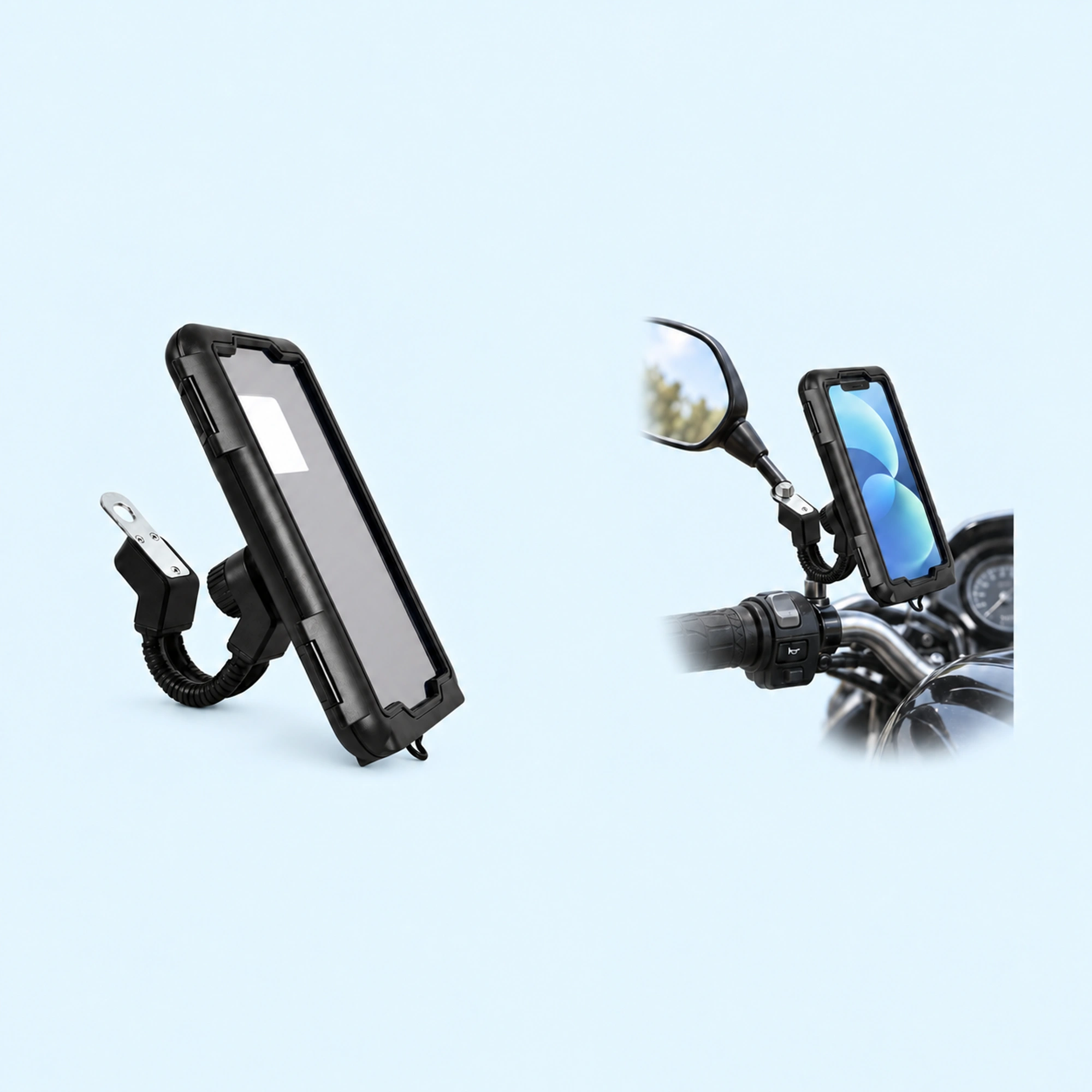 Black Motorcycle Phone Case Holder with Mirror Tab svart mobilholder motorsykkel med klart frontvindu, tykk ytterramme og sølvfarget speilbrakett