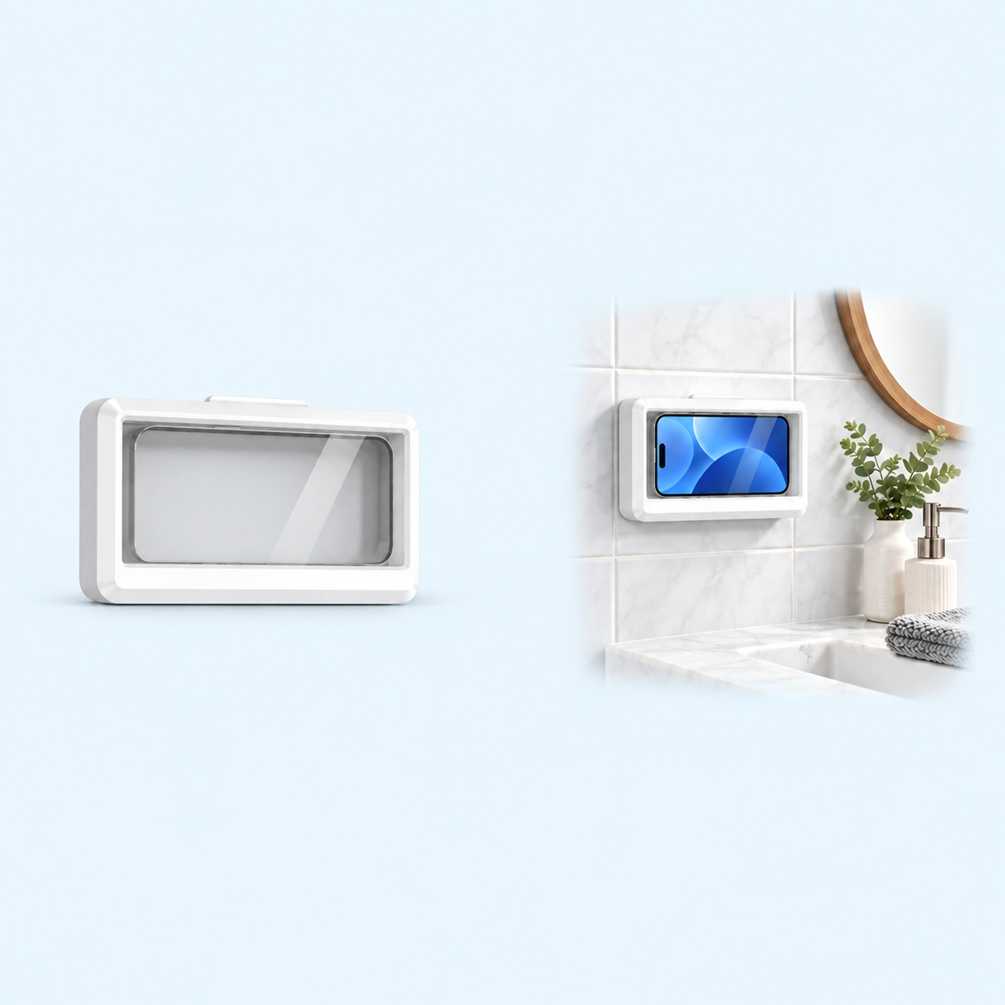 White Shower Phone Holder with Clear Window — complete product with example of use on pale blue background