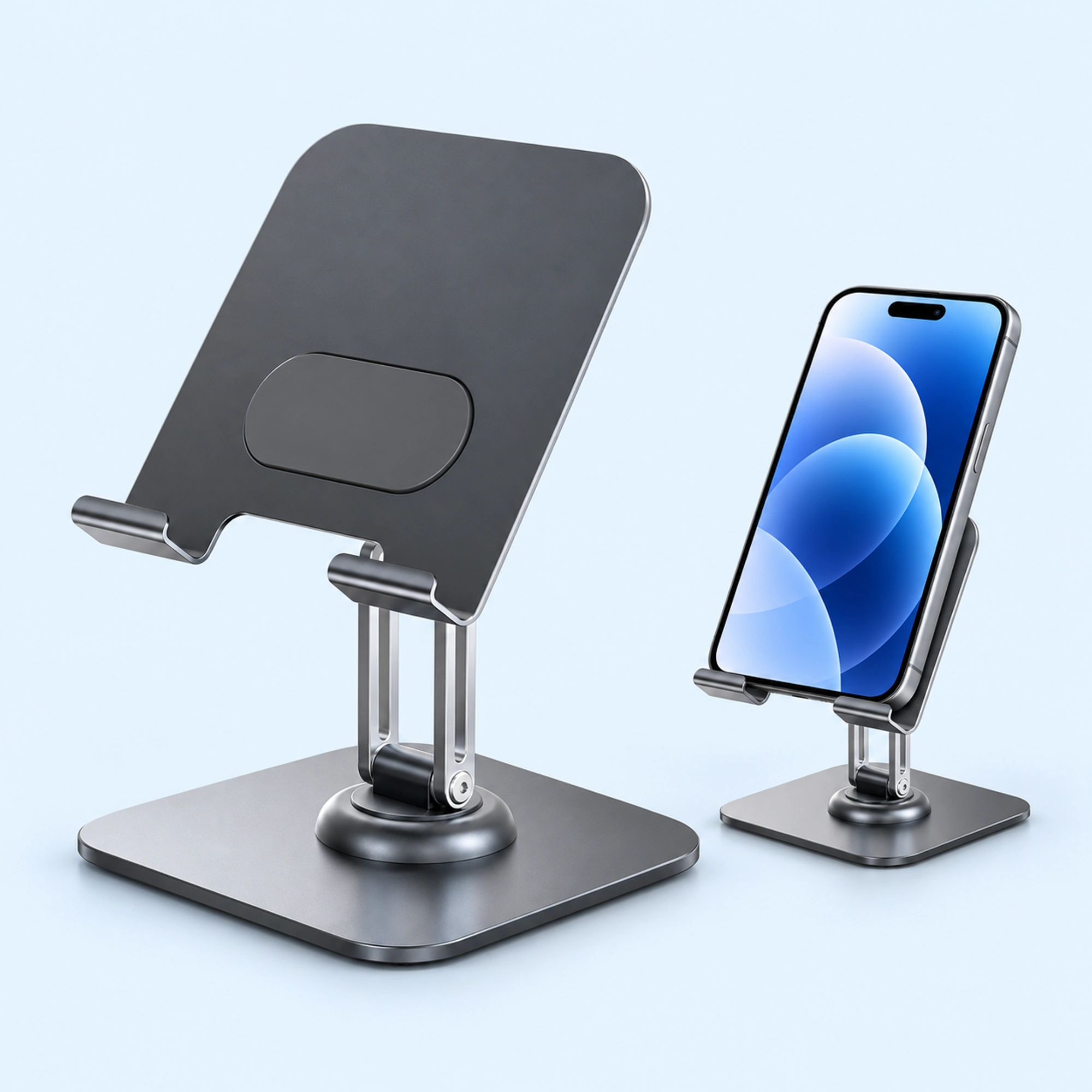 Rotating Foldable Desk Phone Stand — complete product with example of use on pale blue background
