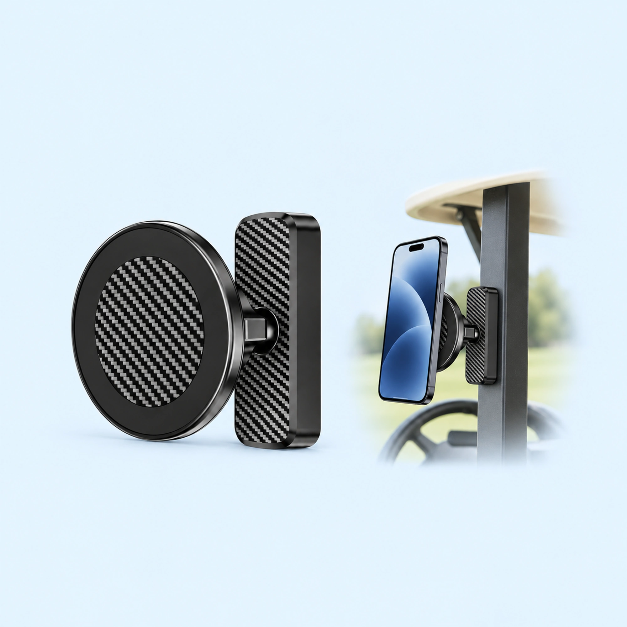 Magnetic Golf Cart Phone Holder — complete product with example of use on pale blue background