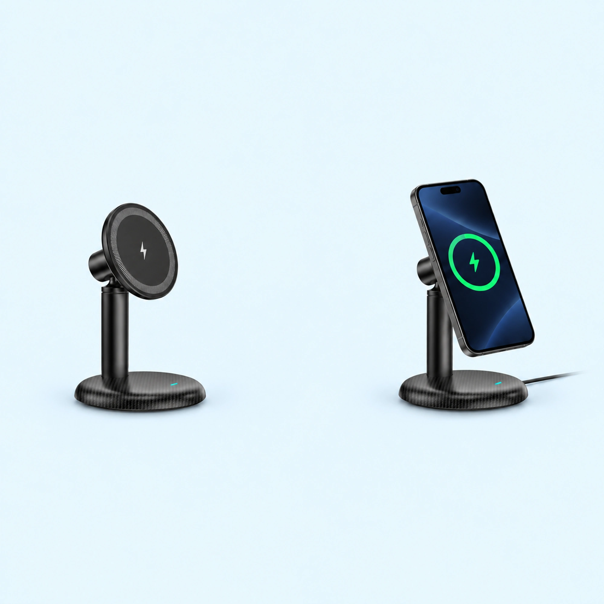 Black Magnetic Wireless Charging Phone Stand — complete product with example of use on pale blue background