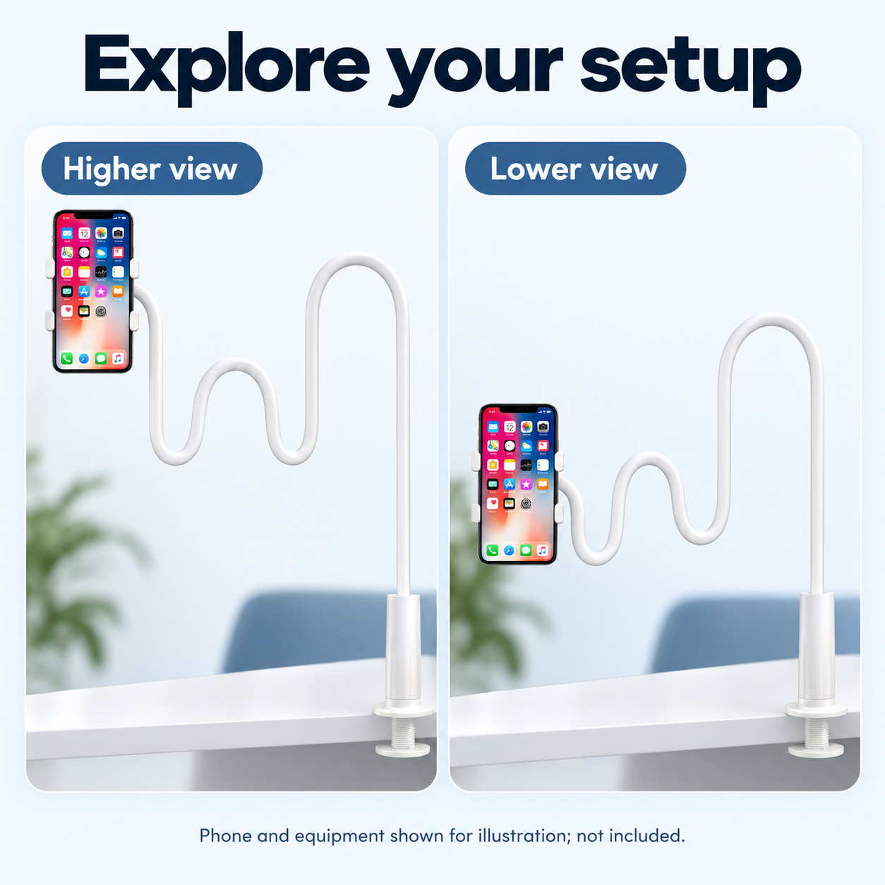 Long Gooseneck Phone Holder for Bed — configuration and mounting views