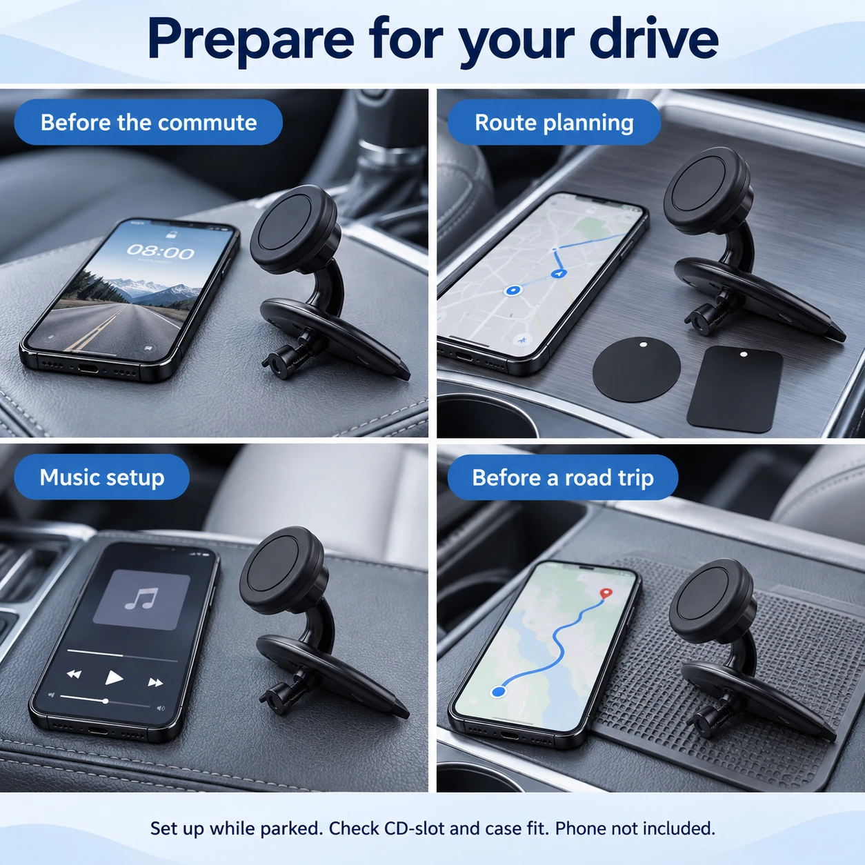 Magnetic CD slot car phone mount beside a phone in four parked-car preparation scenes