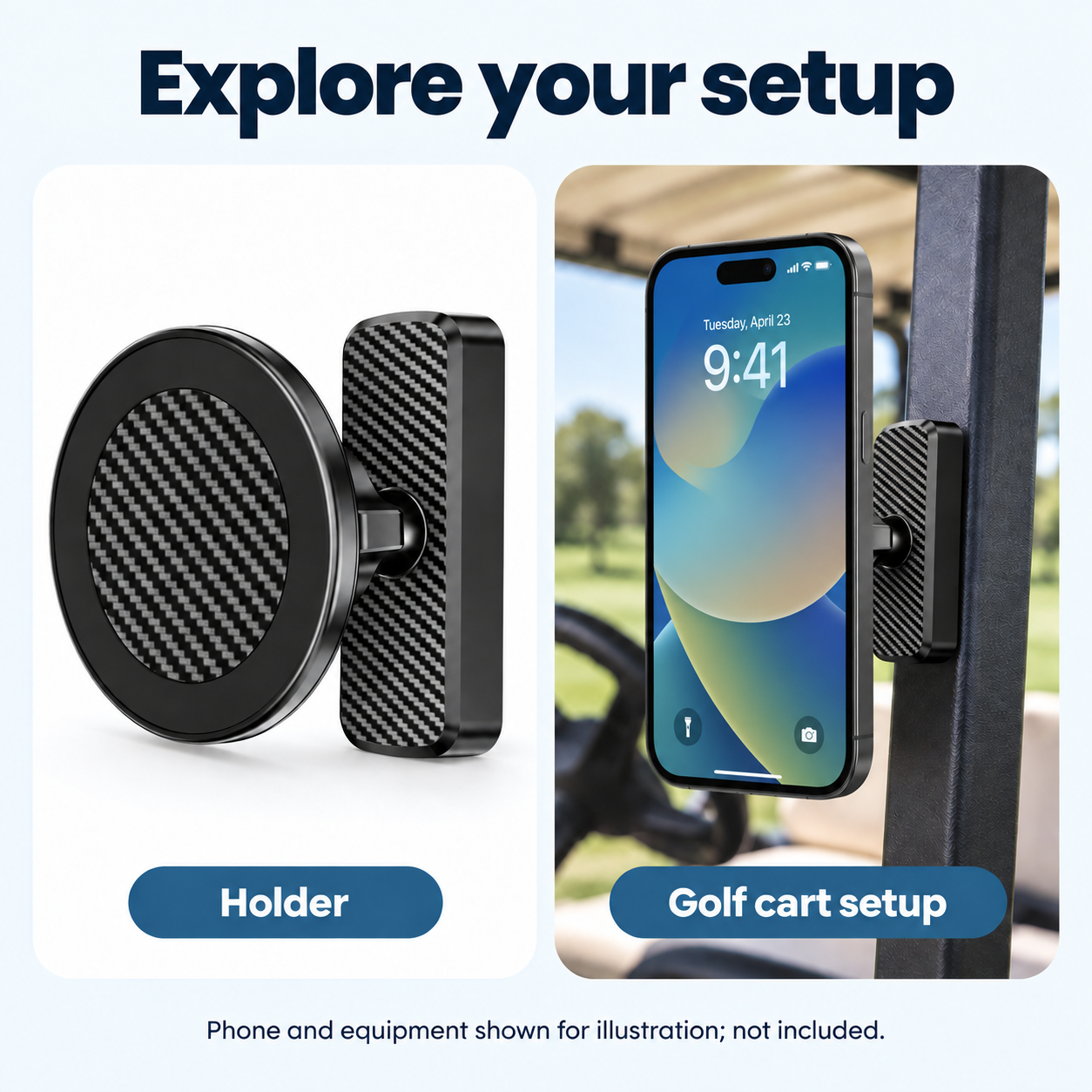 Magnetic Golf Cart Phone Holder — configuration and mounting views