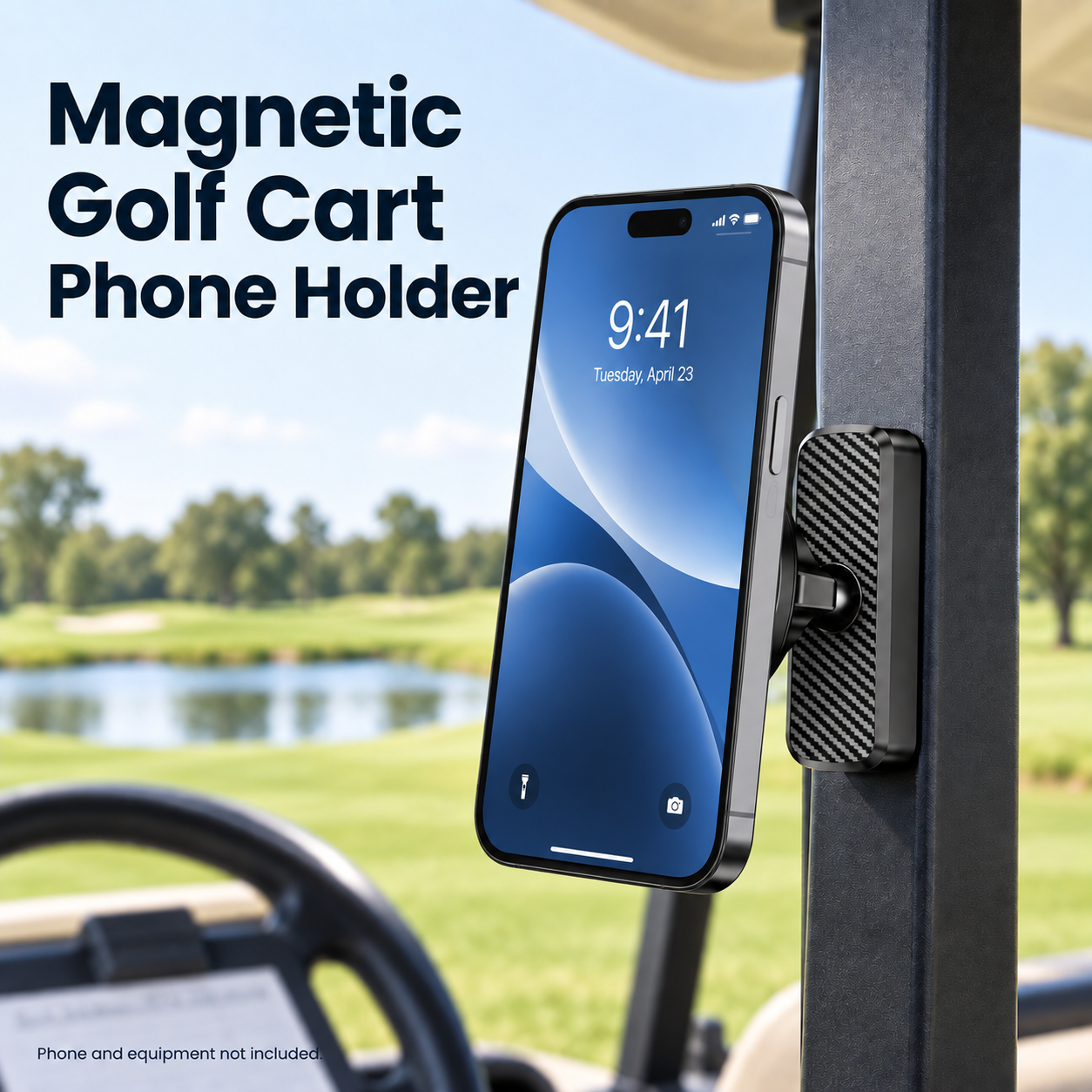 Magnetic Golf Cart Phone Holder — in a suggested use setting